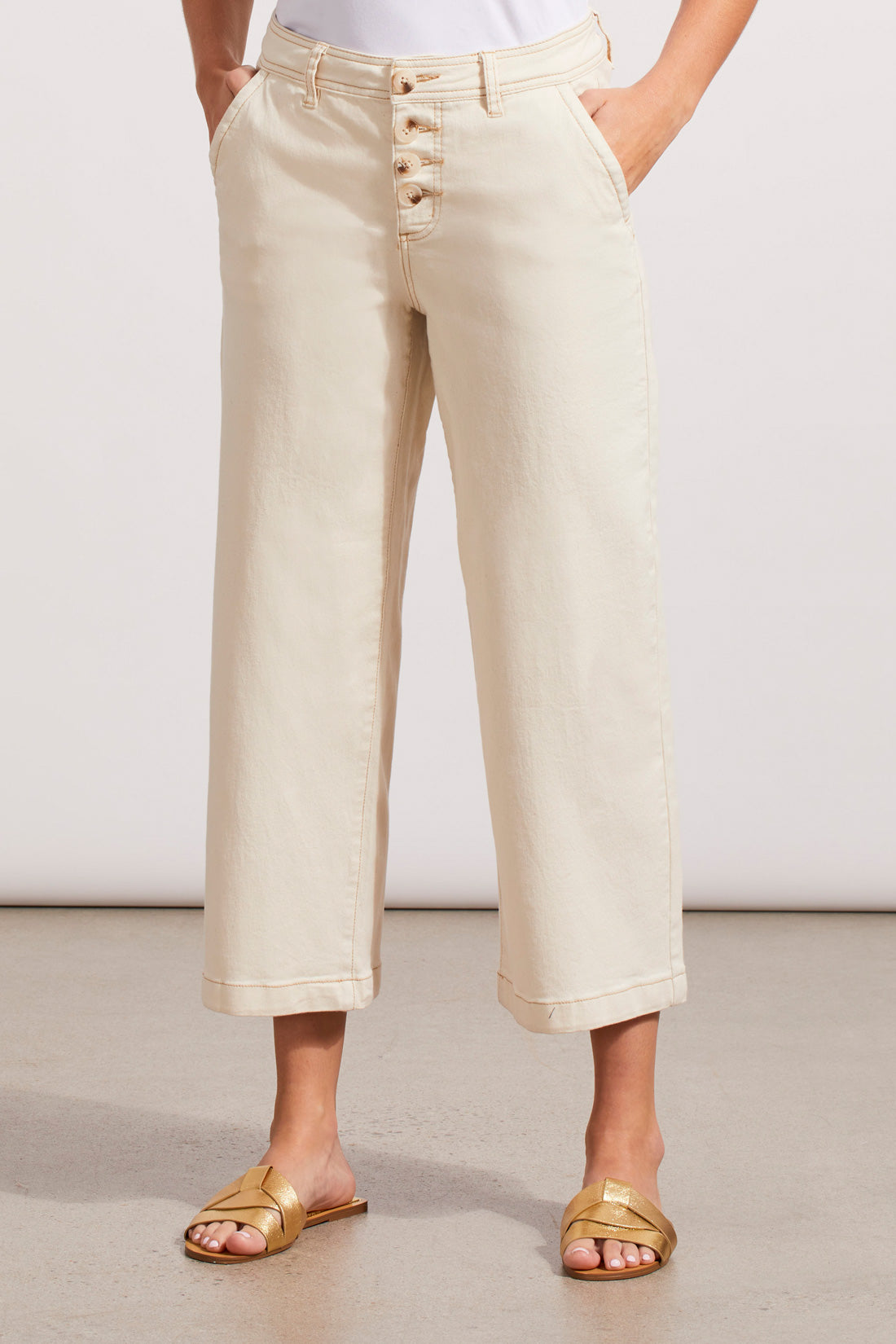 Audrey Button Fly Wide Leg Capri Ecru