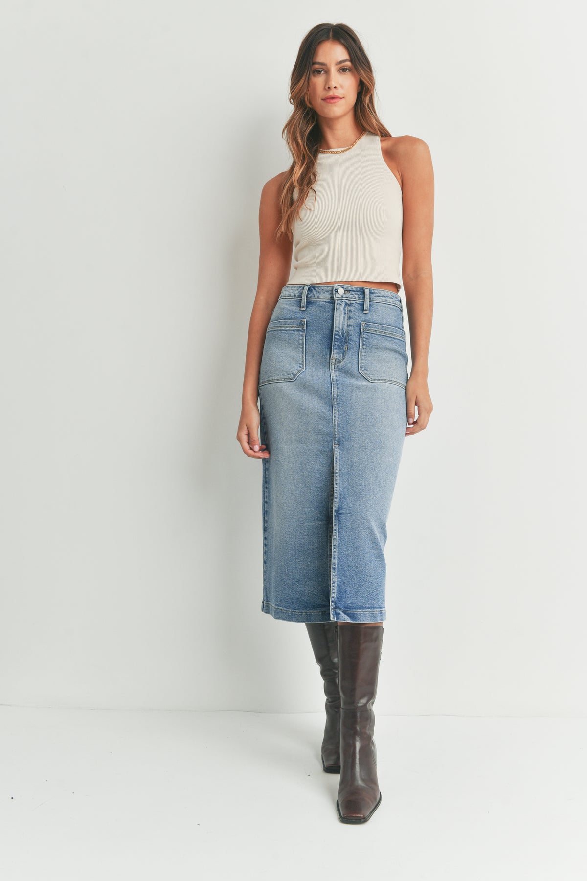 Utility Pocket Denim Midi Skirt Medium Denim
