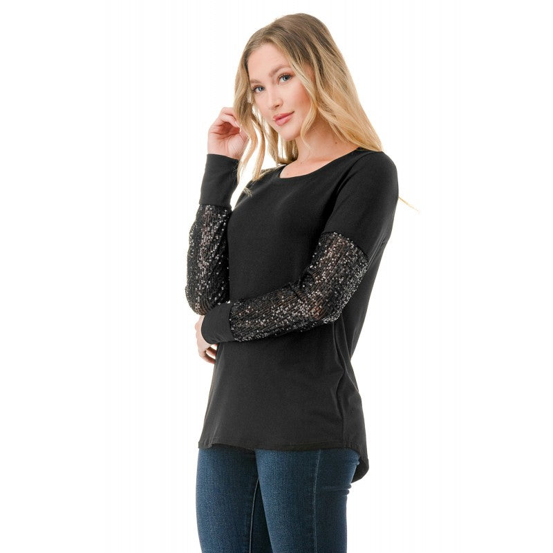 Sequin Long Sleeve Knit Top Black
