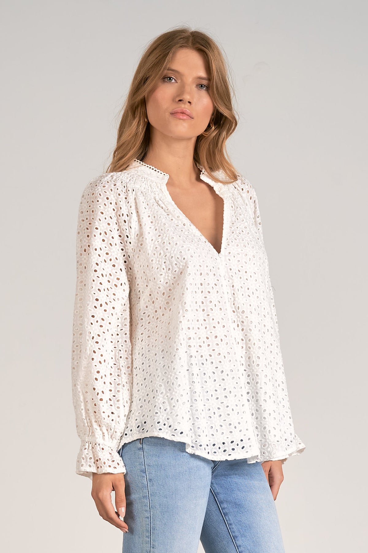 Scallop V Neck Eyelet Lace Blouse White