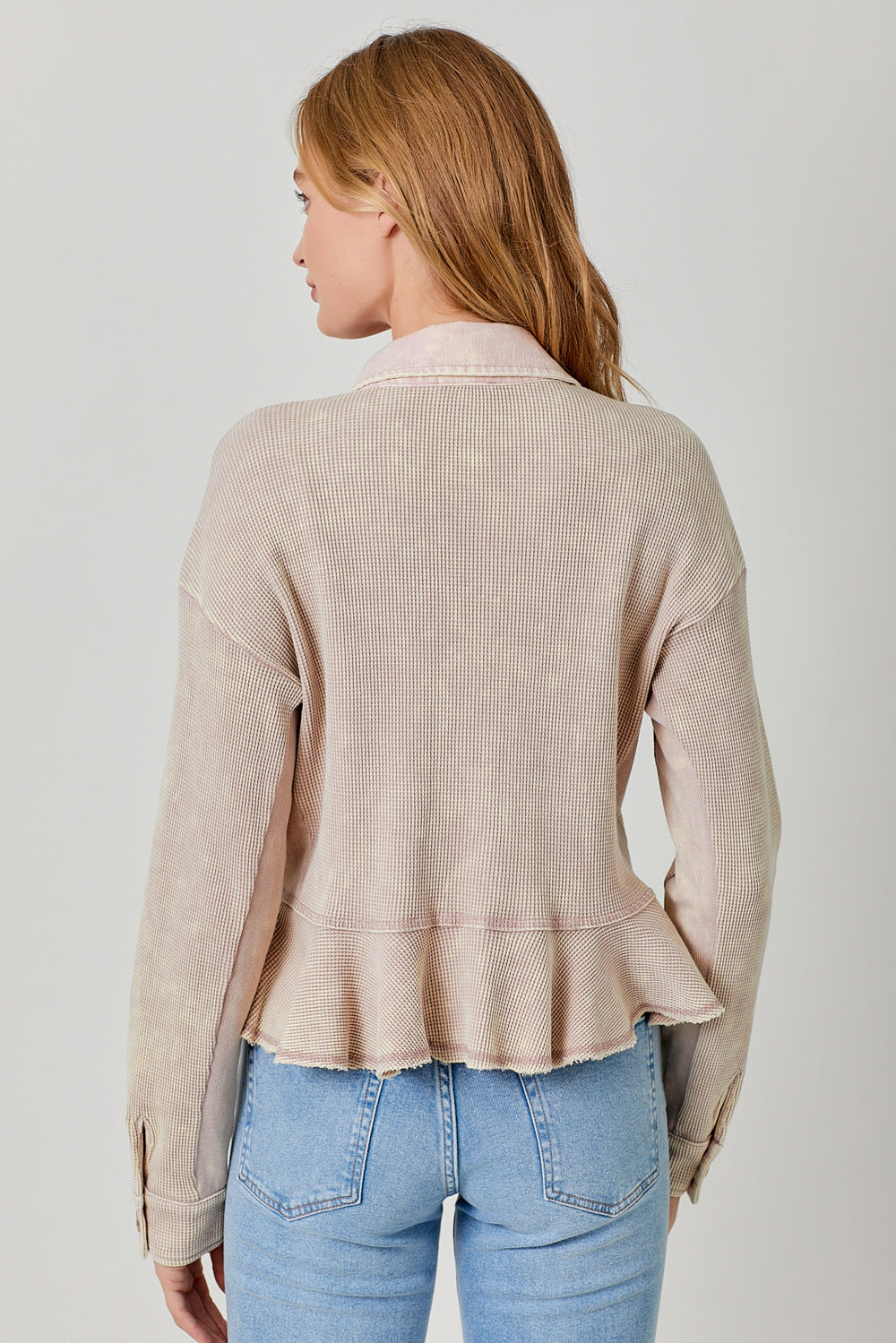 Washed Waffle Knit Ruffle Hem Cropped Jacket Light Rose