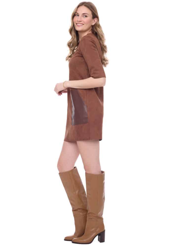 Fatima Pleather Pocket Half Sleeve Dress Tobacco