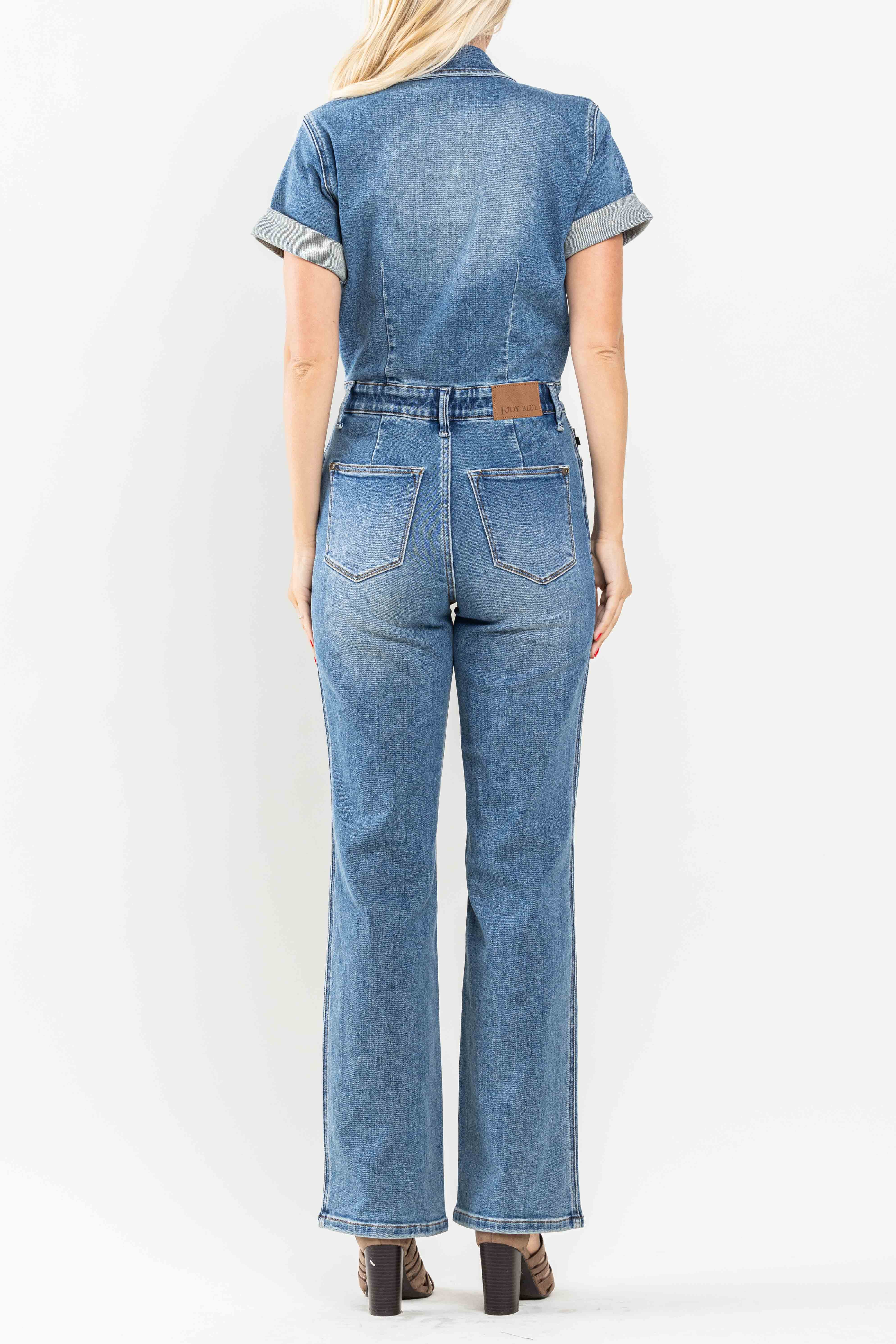 High Waist Straight Leg Denim Short Sleeve Jumpsuit Medium