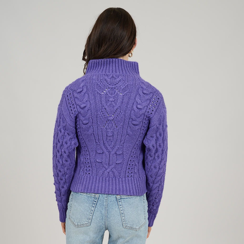 Ayla Cable Knit Zip Mock Neck Pullover Purple Broadway in Stanley