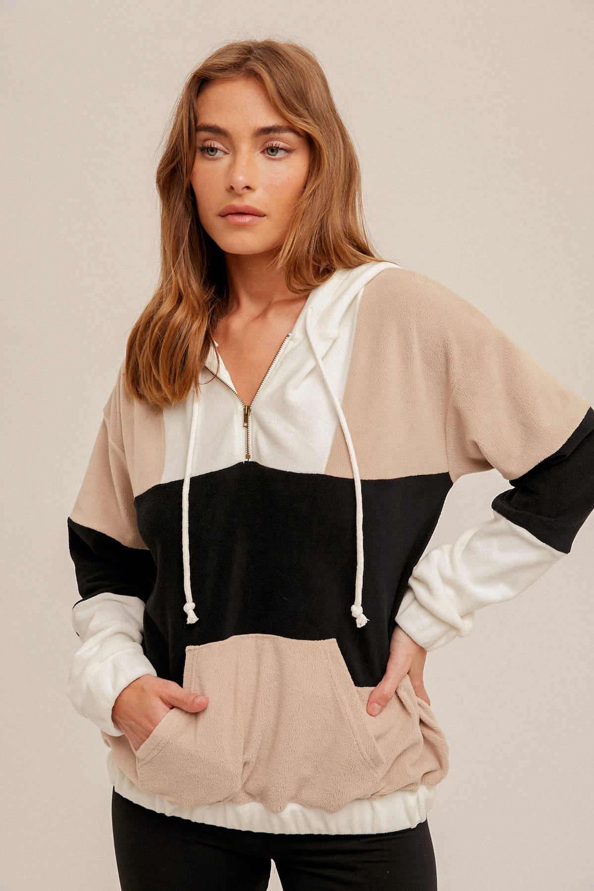 Colorblock 1/4 Zip Hoodie Ivory, Black + Taupe