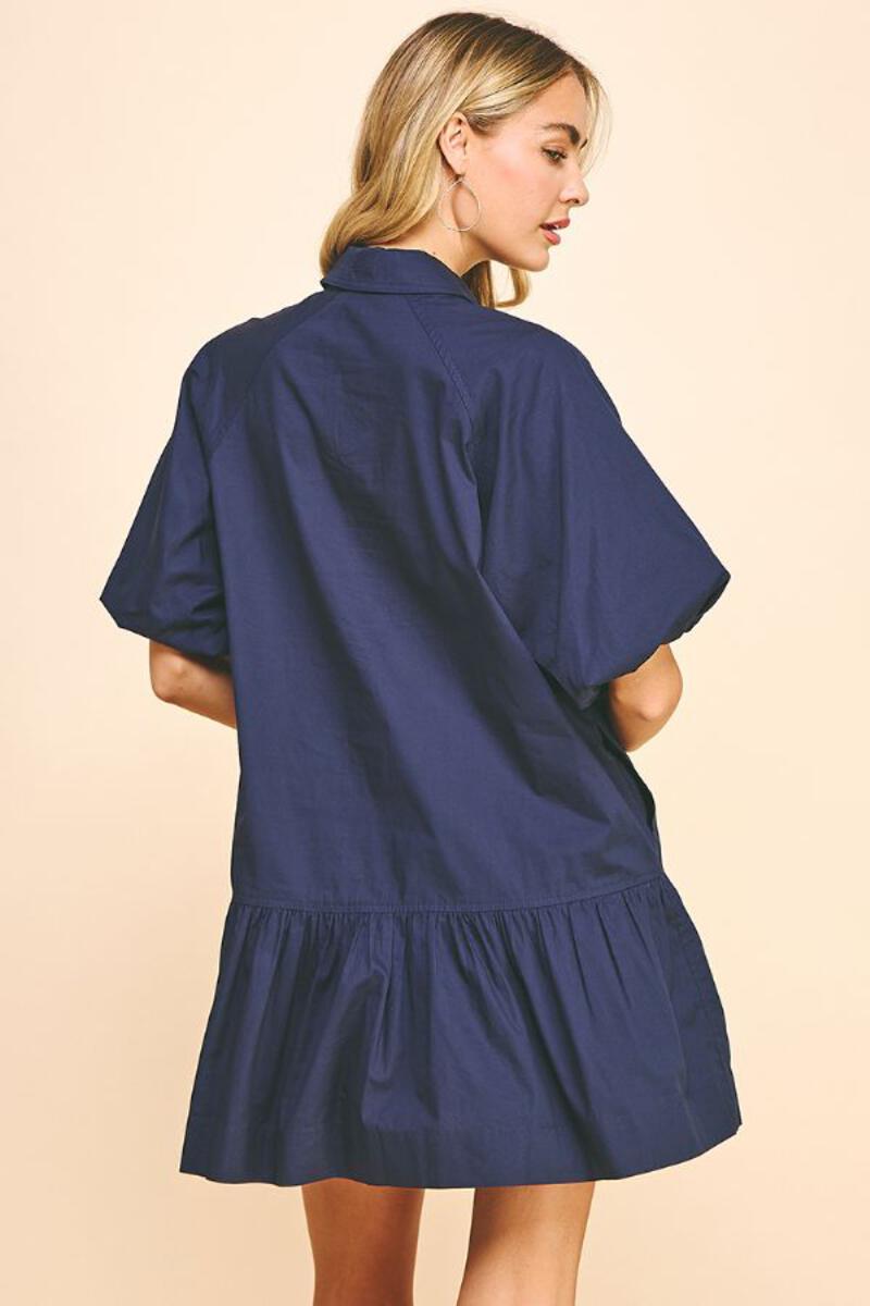 Button Down Ruffle Hem Bubble Sleeve Dress Navy