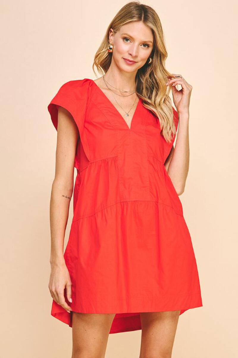 Cap Sleeve Vneck Tiered Mini Dress Tomato