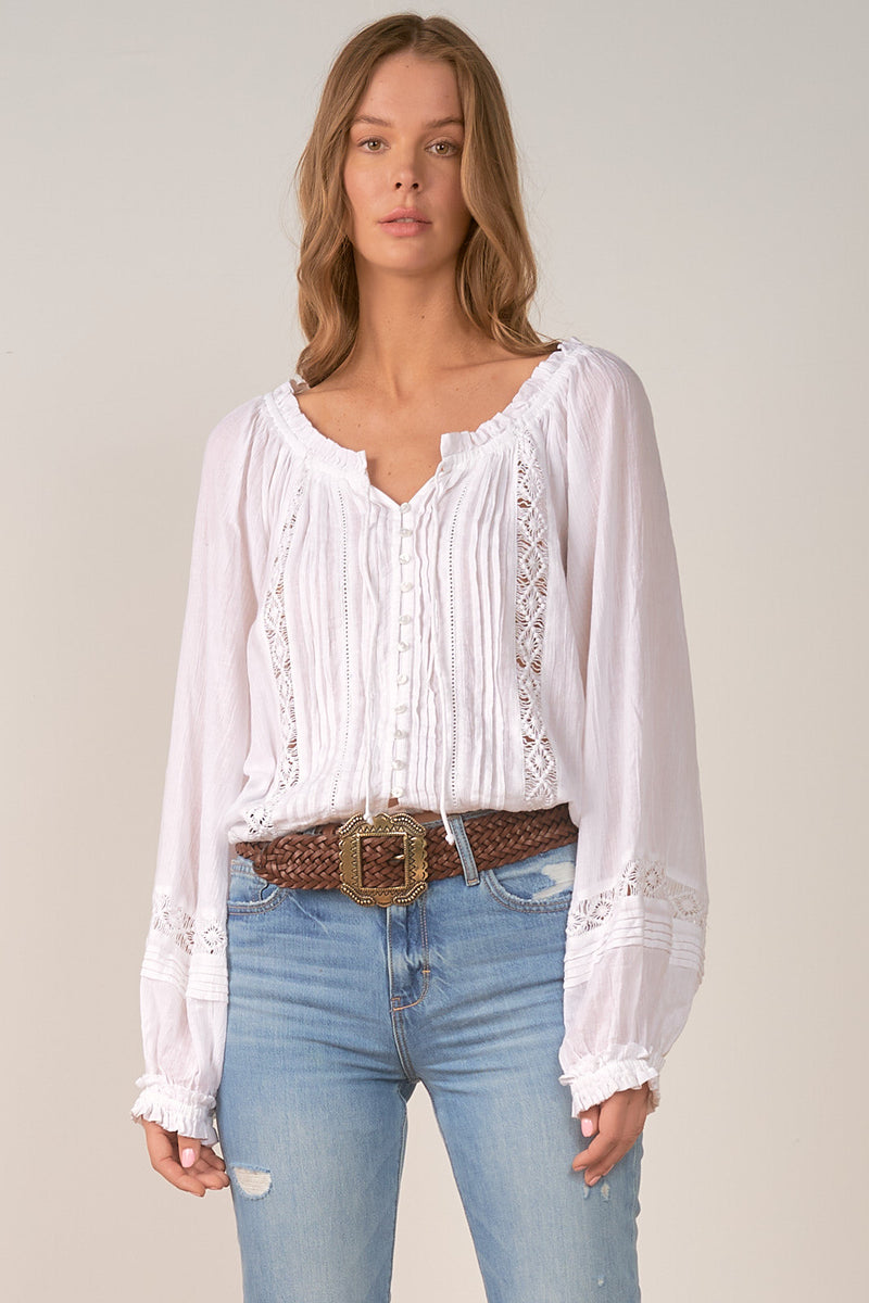 Crochet Piping Tied Vneck Long Sleeve Blouse White
