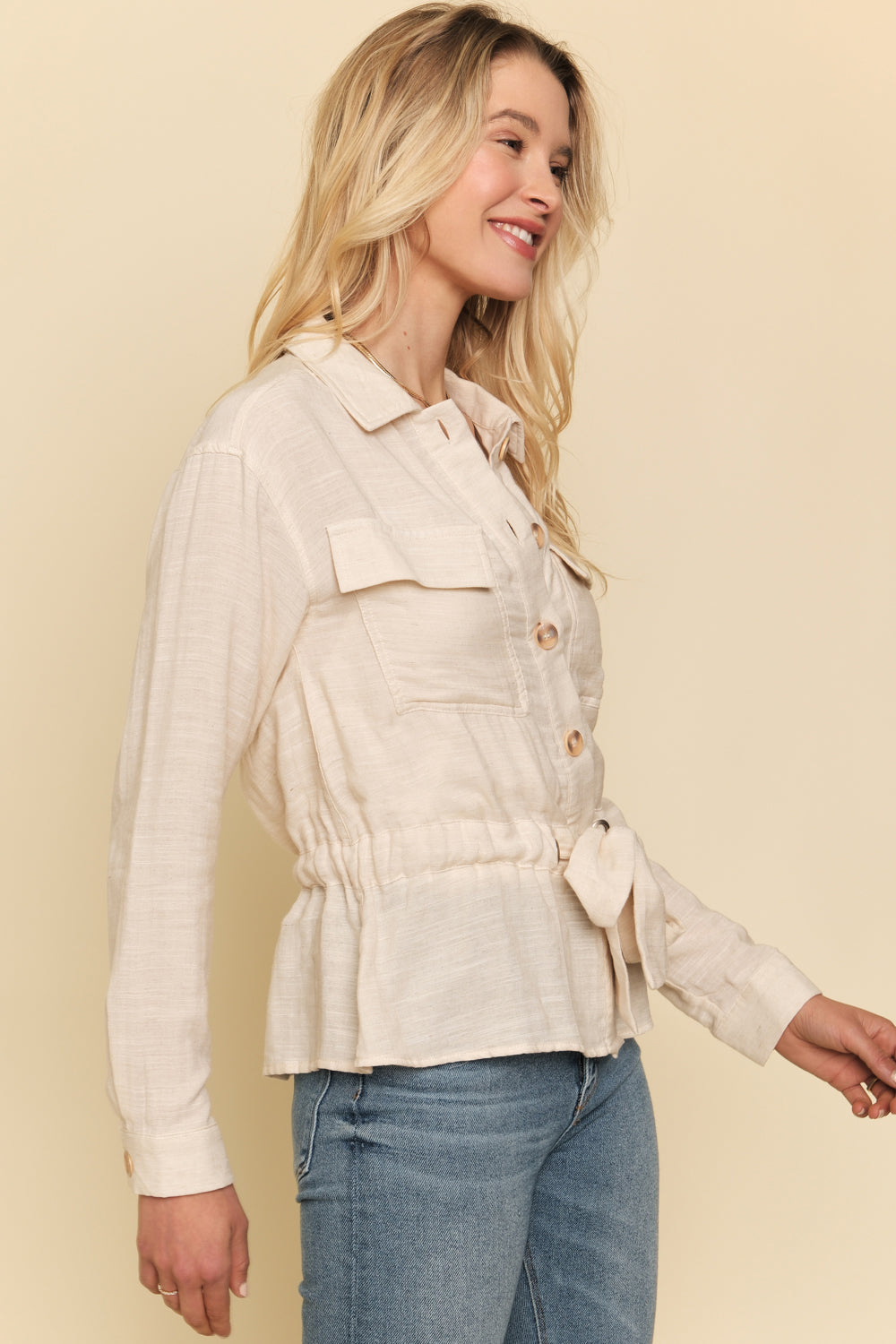 Adjustable Scarf Waist Jacket Oatmeal