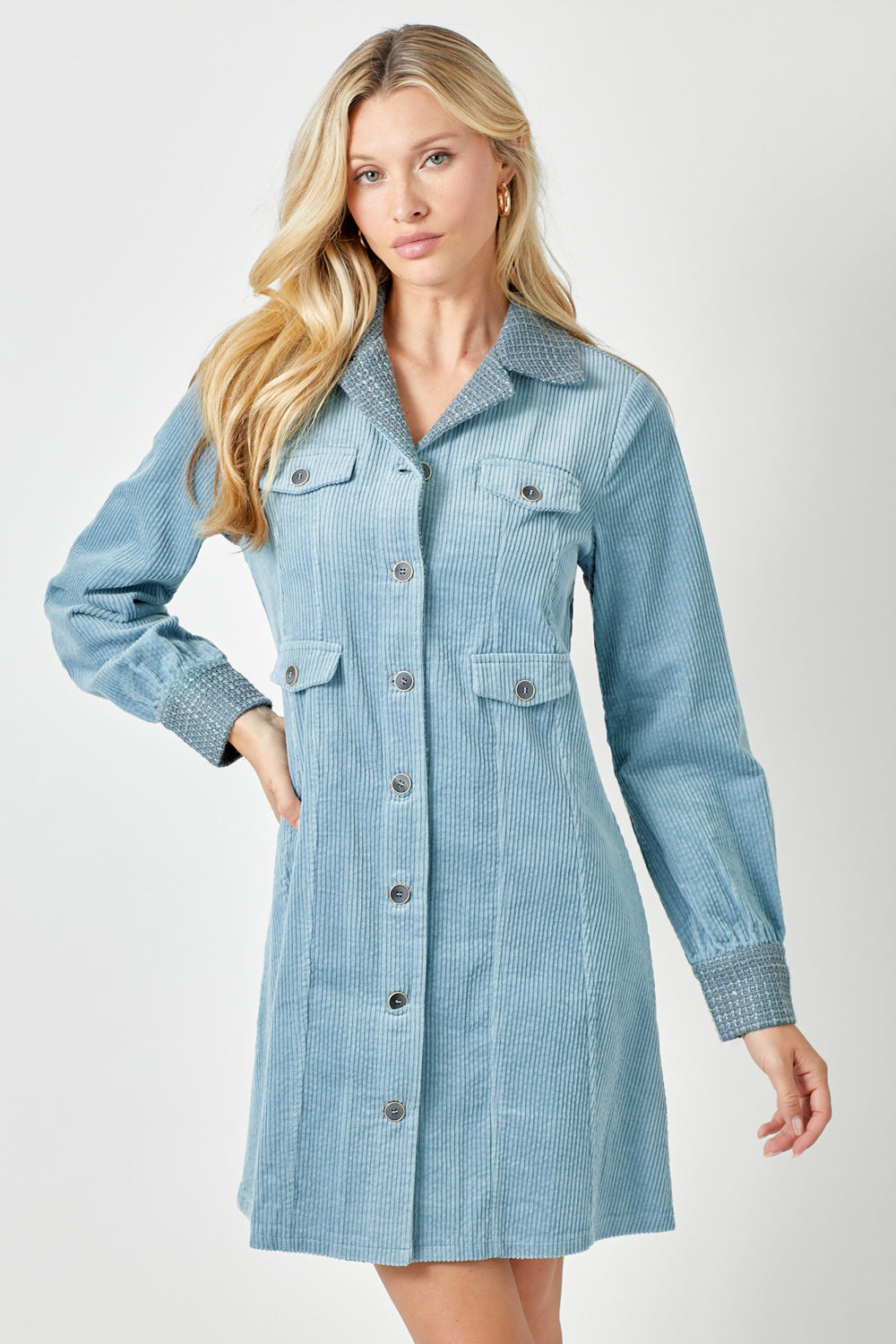 Corduroy Button Down Coat Dress Denim Blue