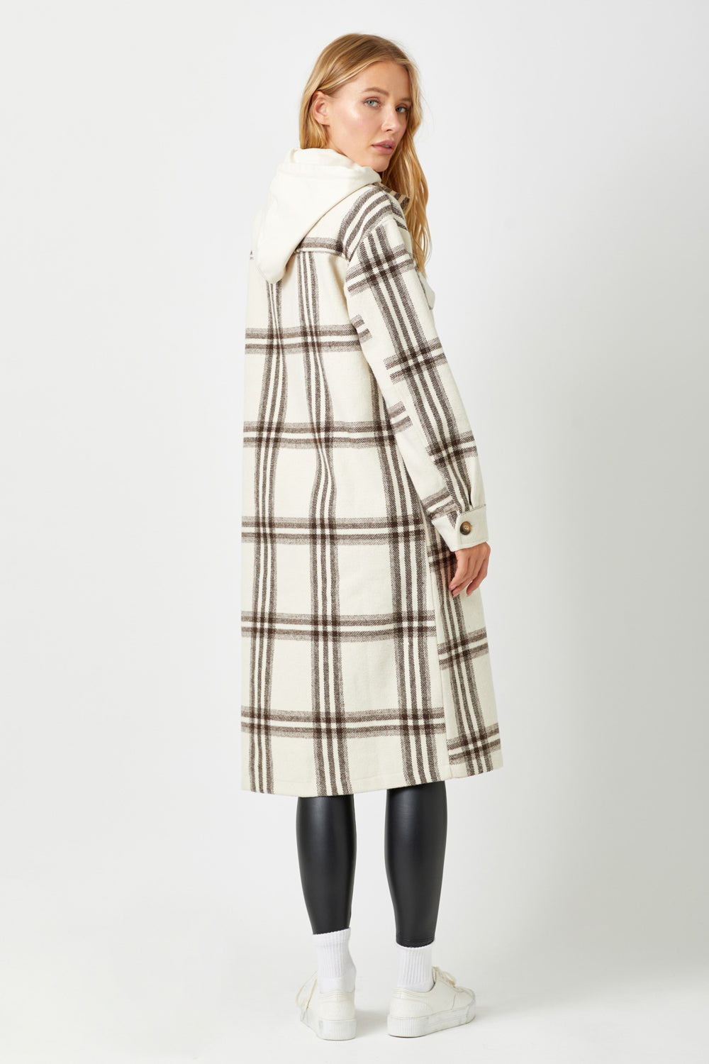 Two Fer Hoodie Plaid Long Jacket Cream