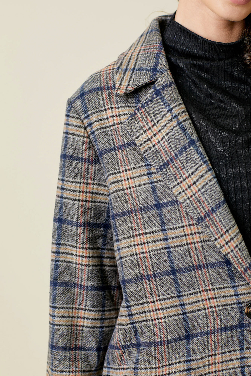 Buttoned Plaid Long Coat Charcoal Mix