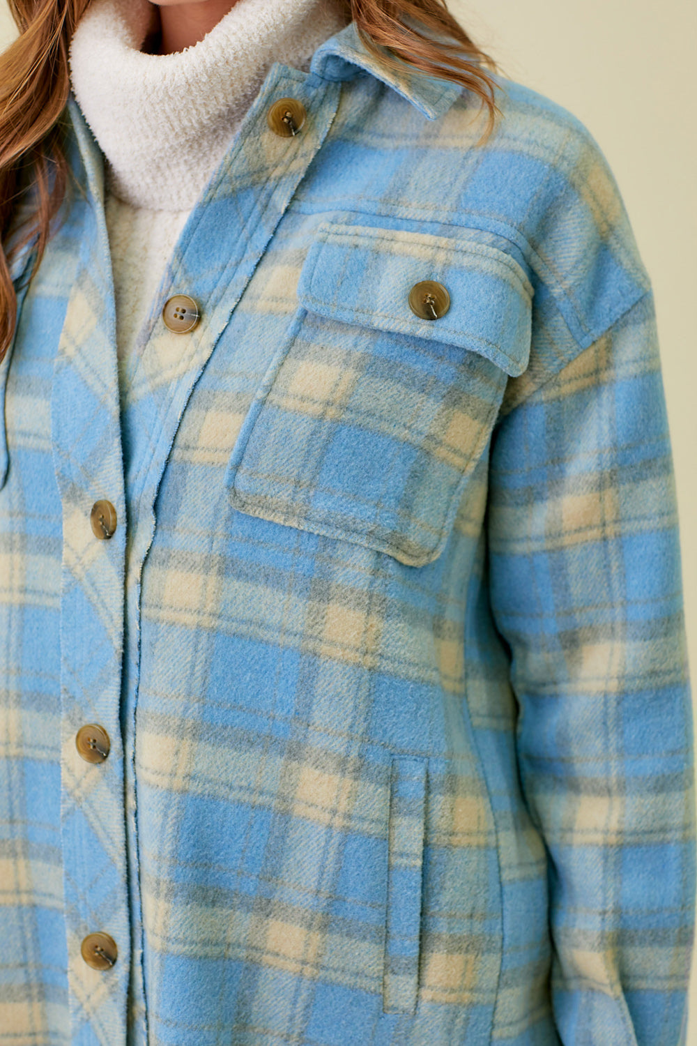 Chest Pocket Long Plaid Jacket Soft Blue
