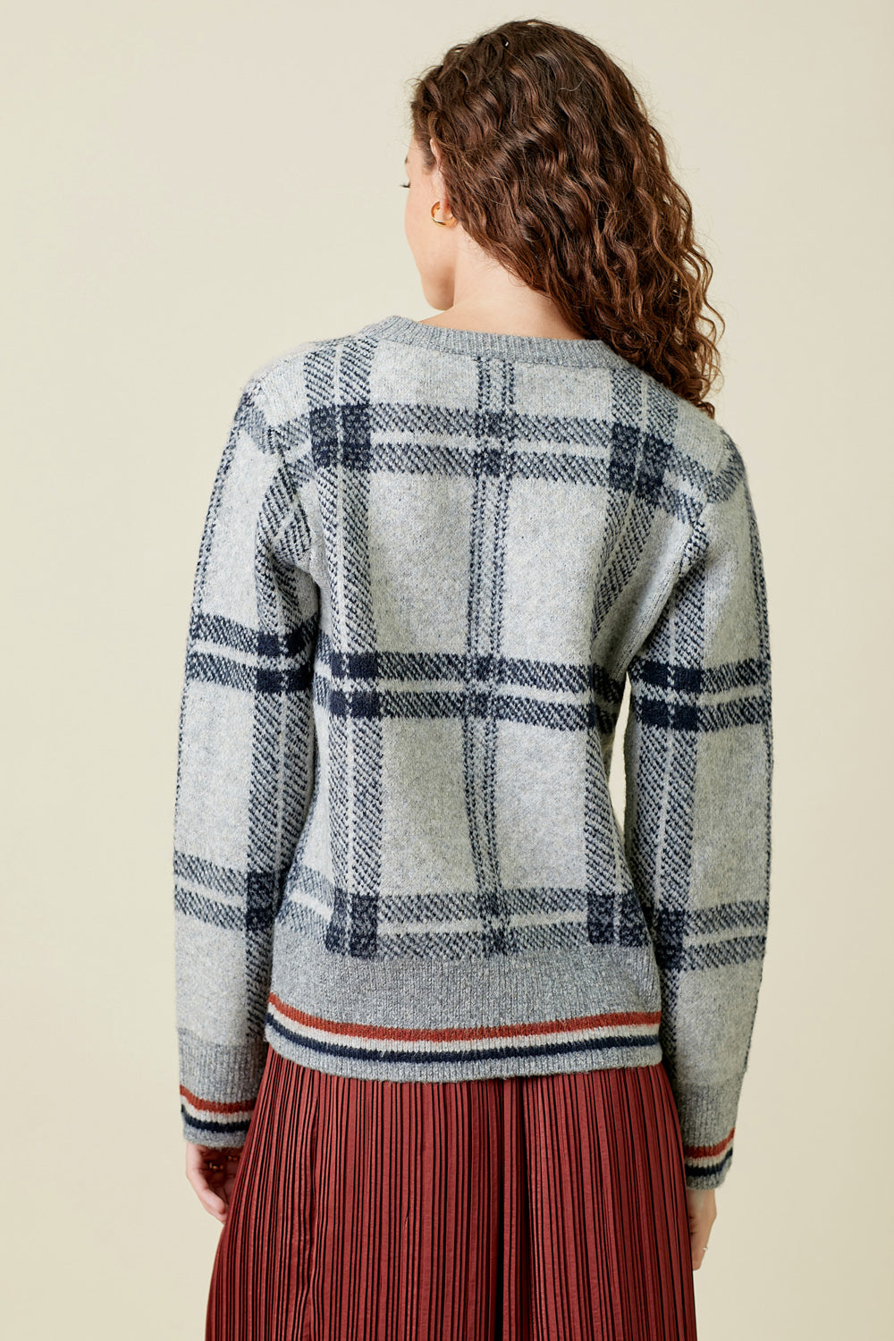 Checker Plaid Stripe Hem Sweater Grey