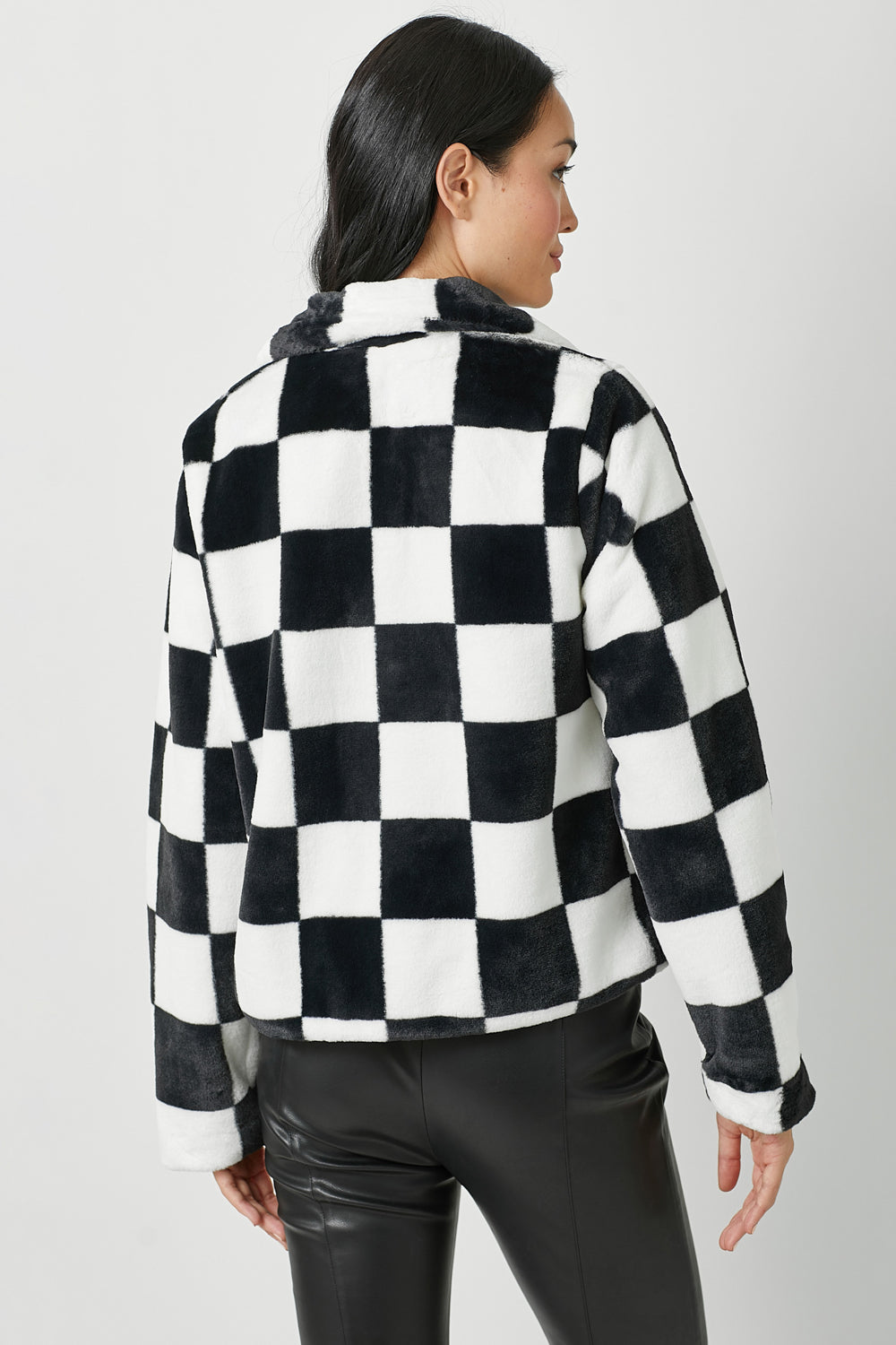 Checker Board Pattern Fur Zip Jacket Black