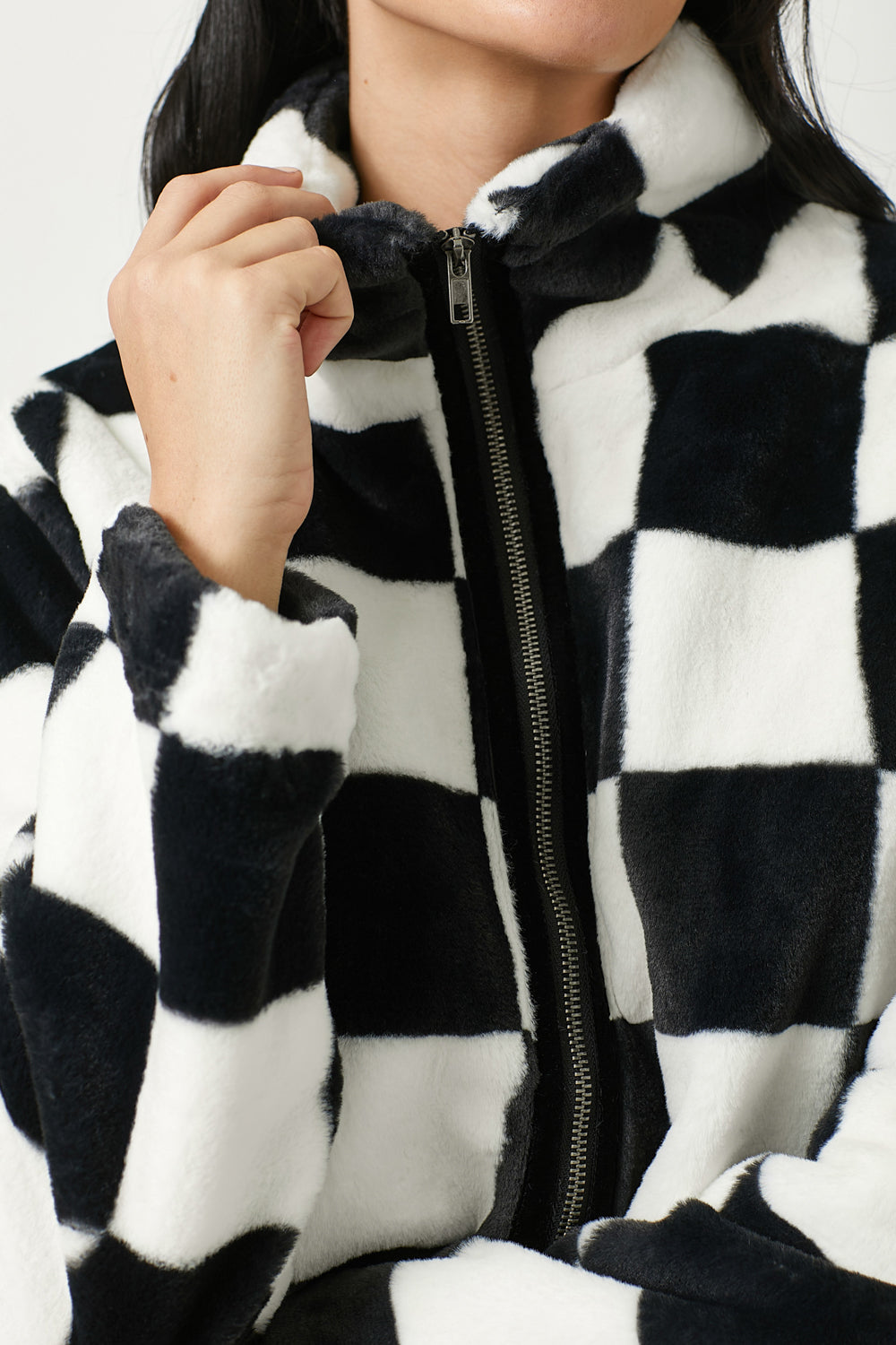 Checker Board Pattern Fur Zip Jacket Black