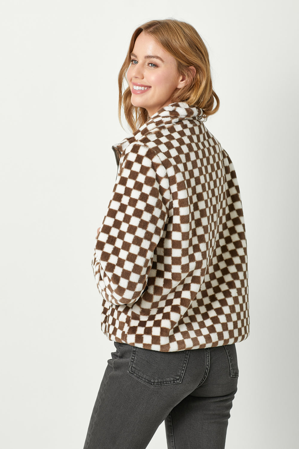 Checker Board Pattern Fur Zip Jacket Mocha