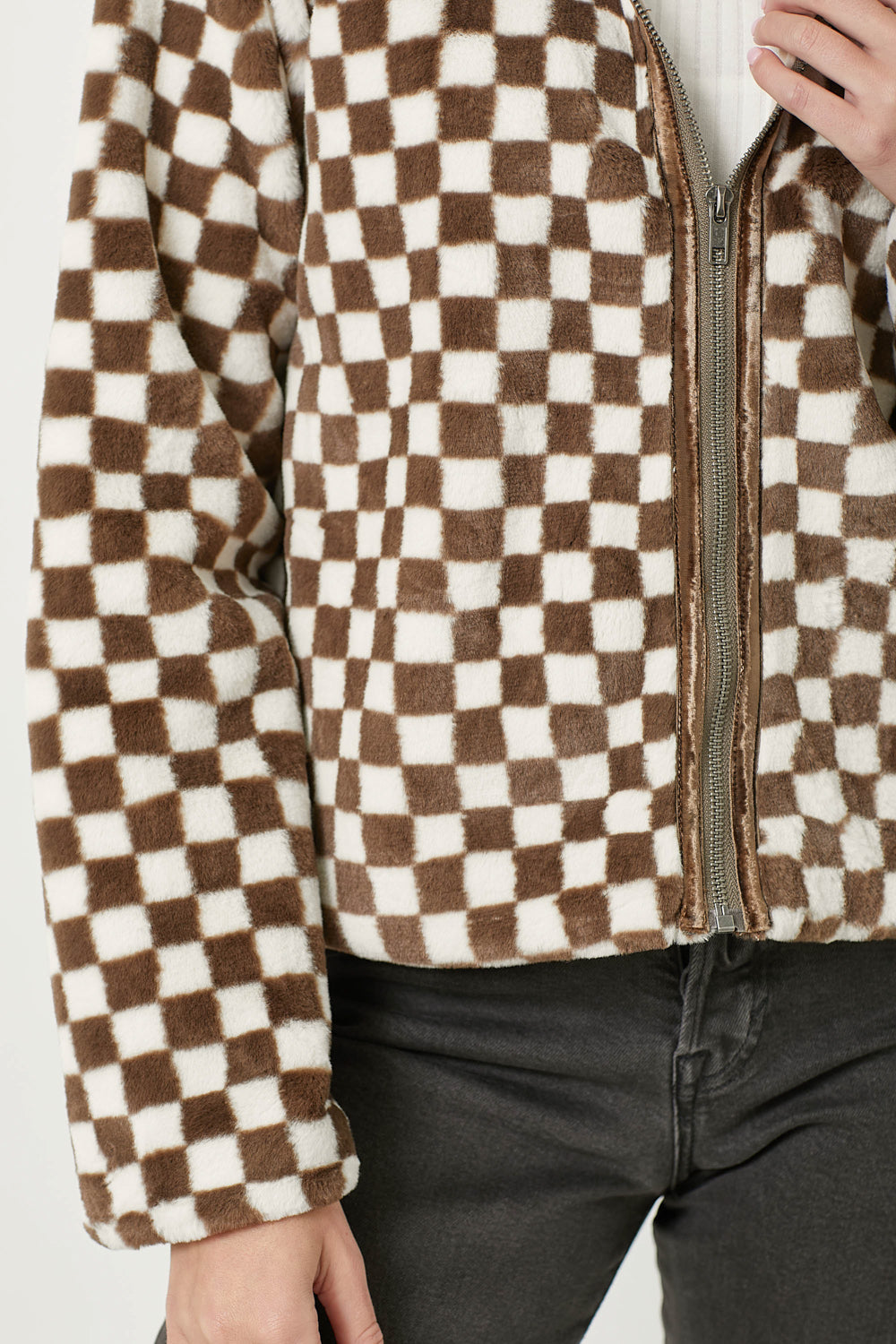 Checker Board Pattern Fur Zip Jacket Mocha