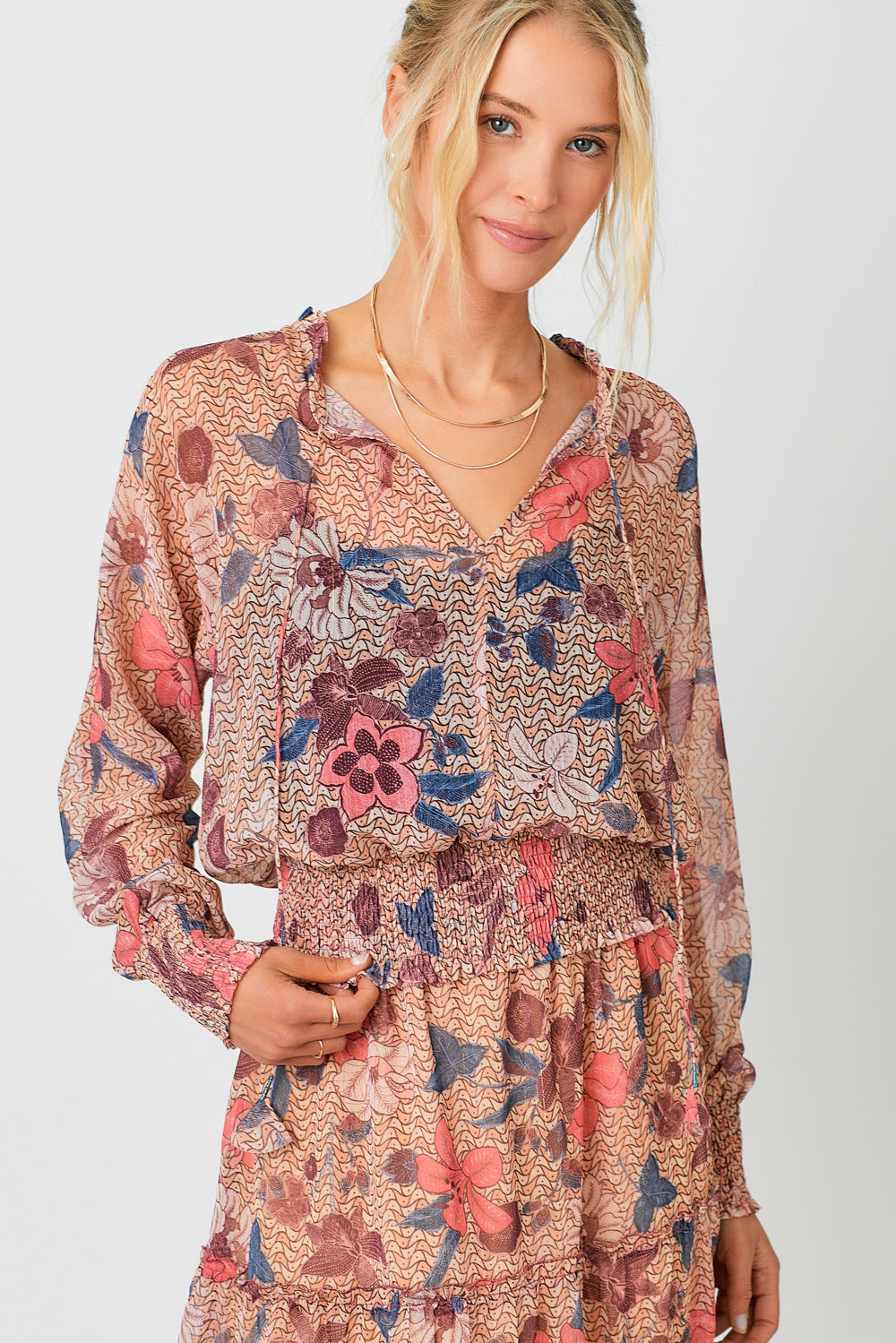 Smocked Bottom Peasant Chiffon Blouse Latte Mix