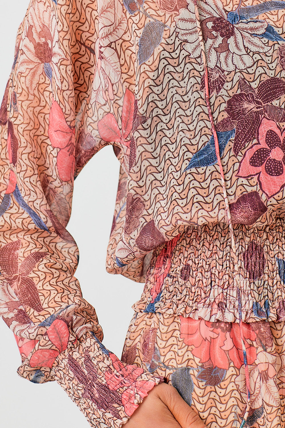 Smocked Bottom Peasant Chiffon Blouse Latte Mix