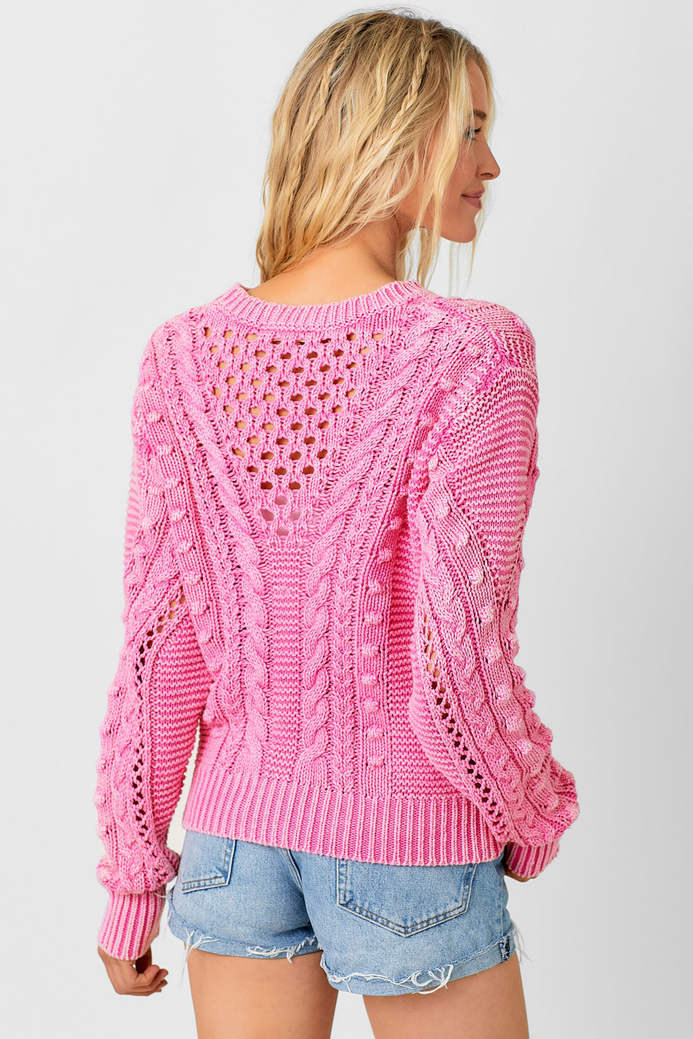 Cable Weave Washed Pullover Sweater Washed Berry