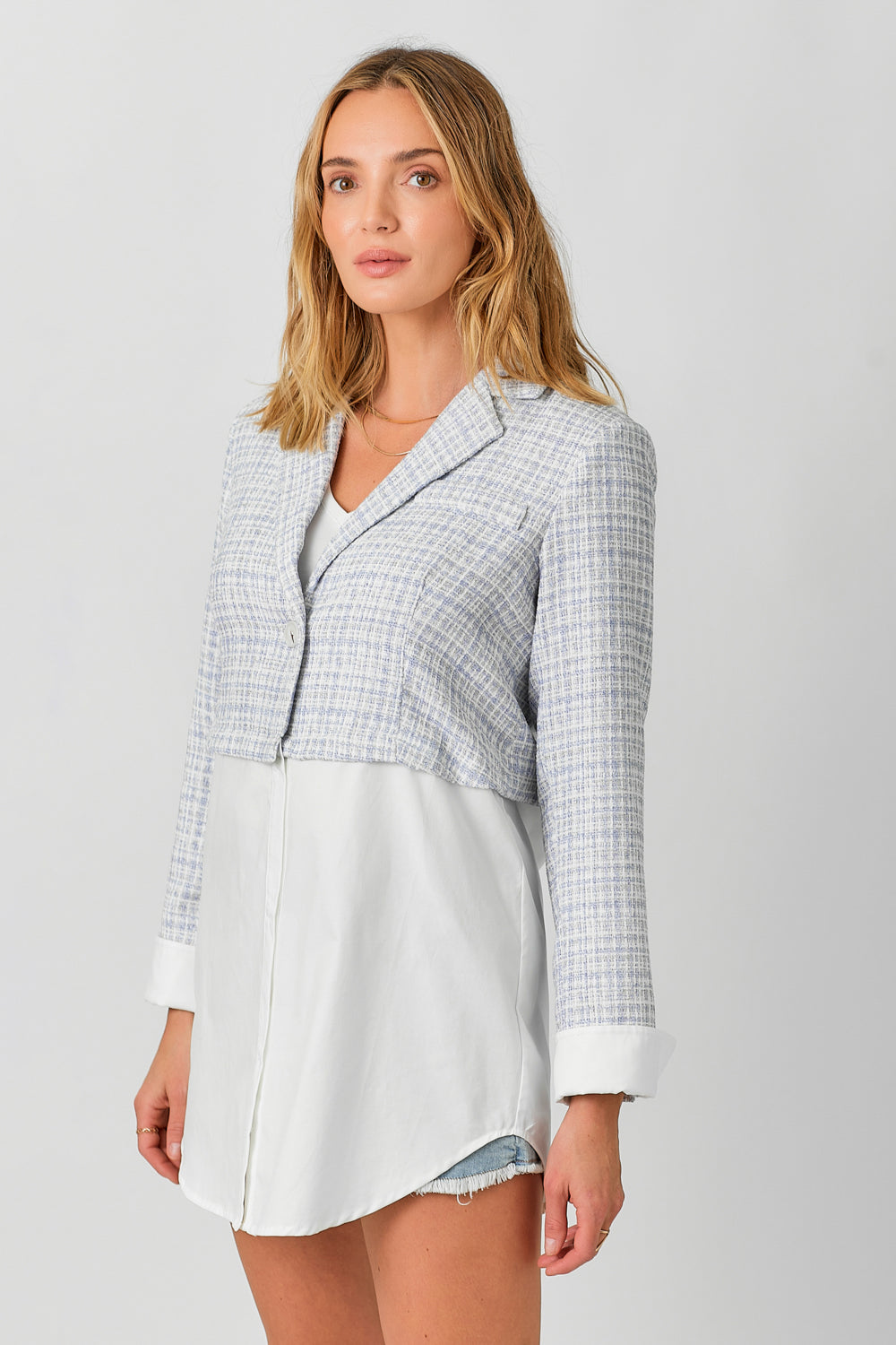 Two Fer Mixed Blazer Pale Blue