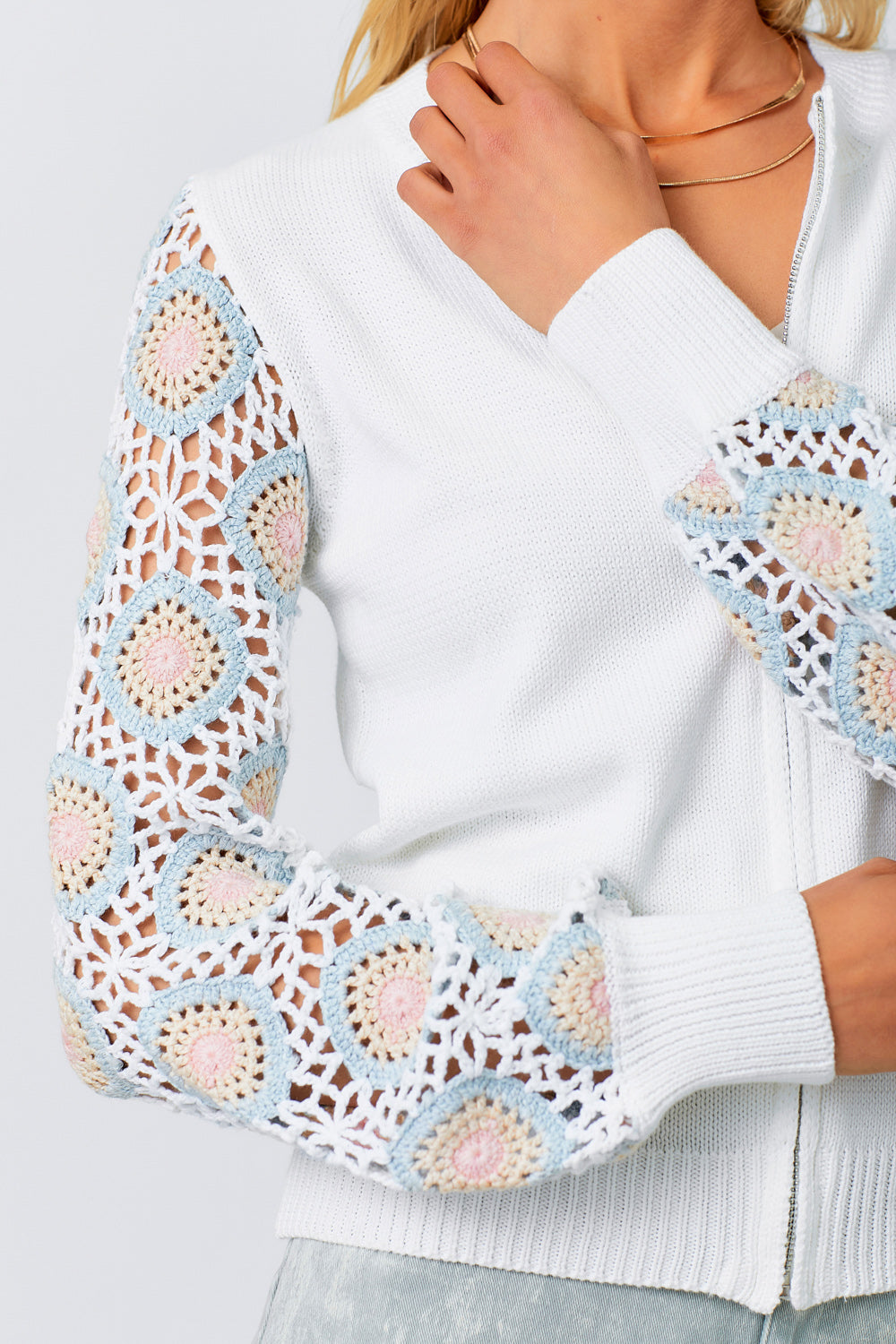 Crochet Sleeve Pullover Sweater Off White