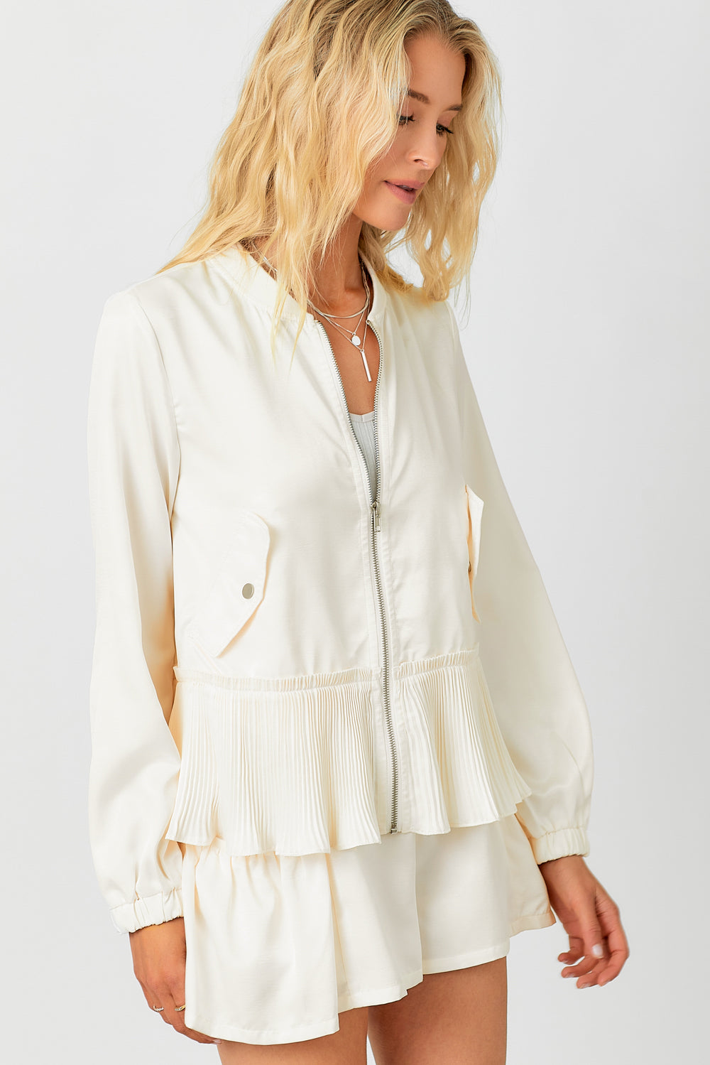 Satin Peplum Bomber Jacket Off White