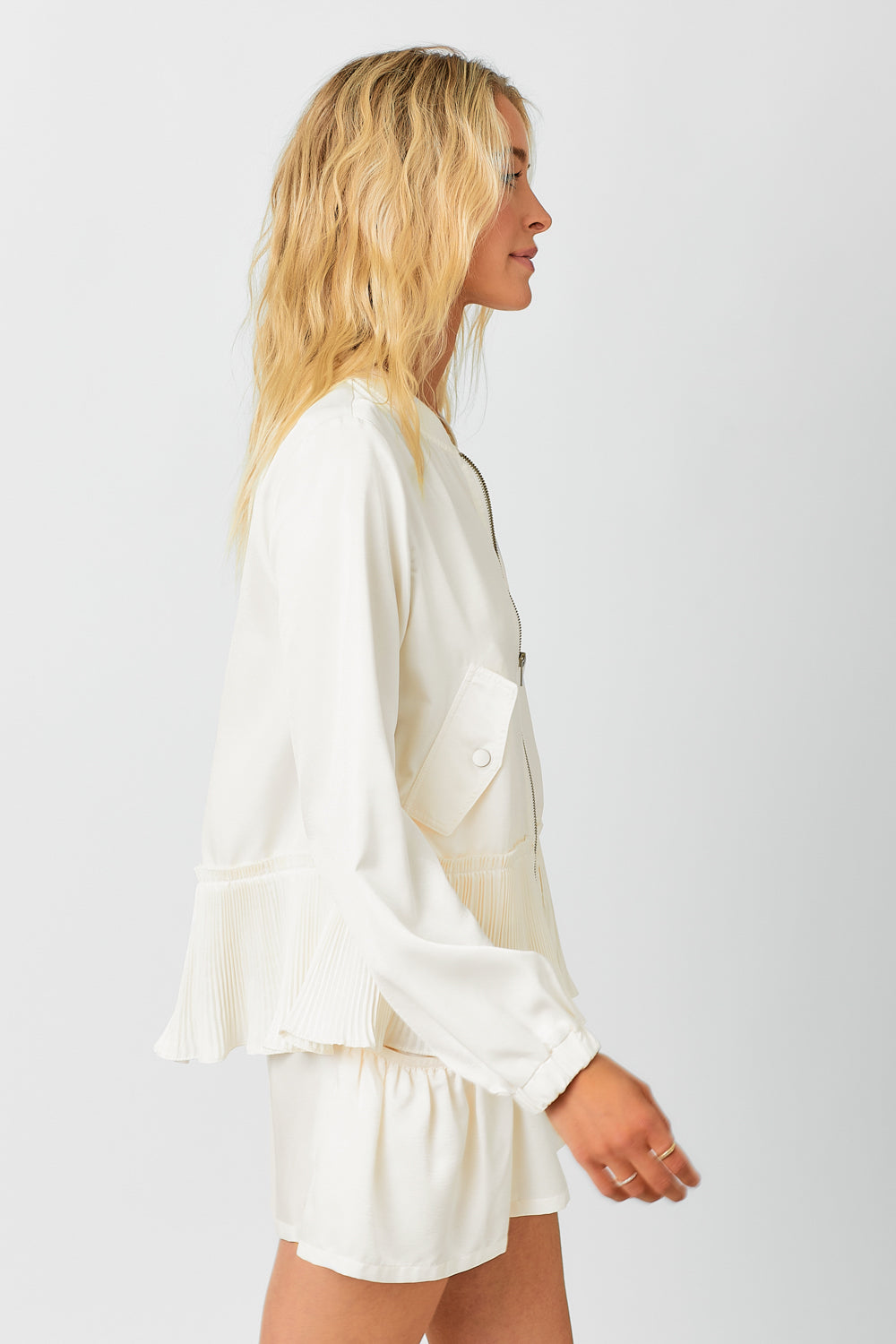 Satin Peplum Bomber Jacket Off White