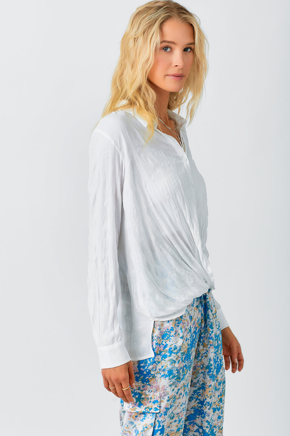 Collared Surplice Button Down Blouse Off White