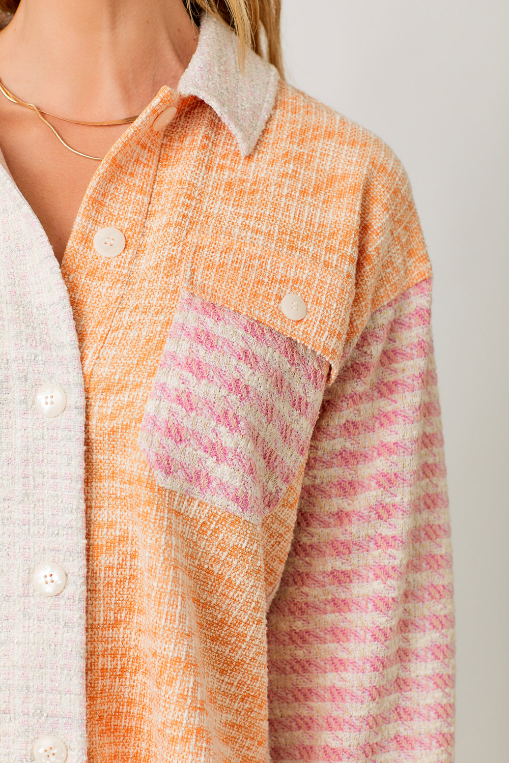 Tweed Mix Color Block Jacket Orange Mix