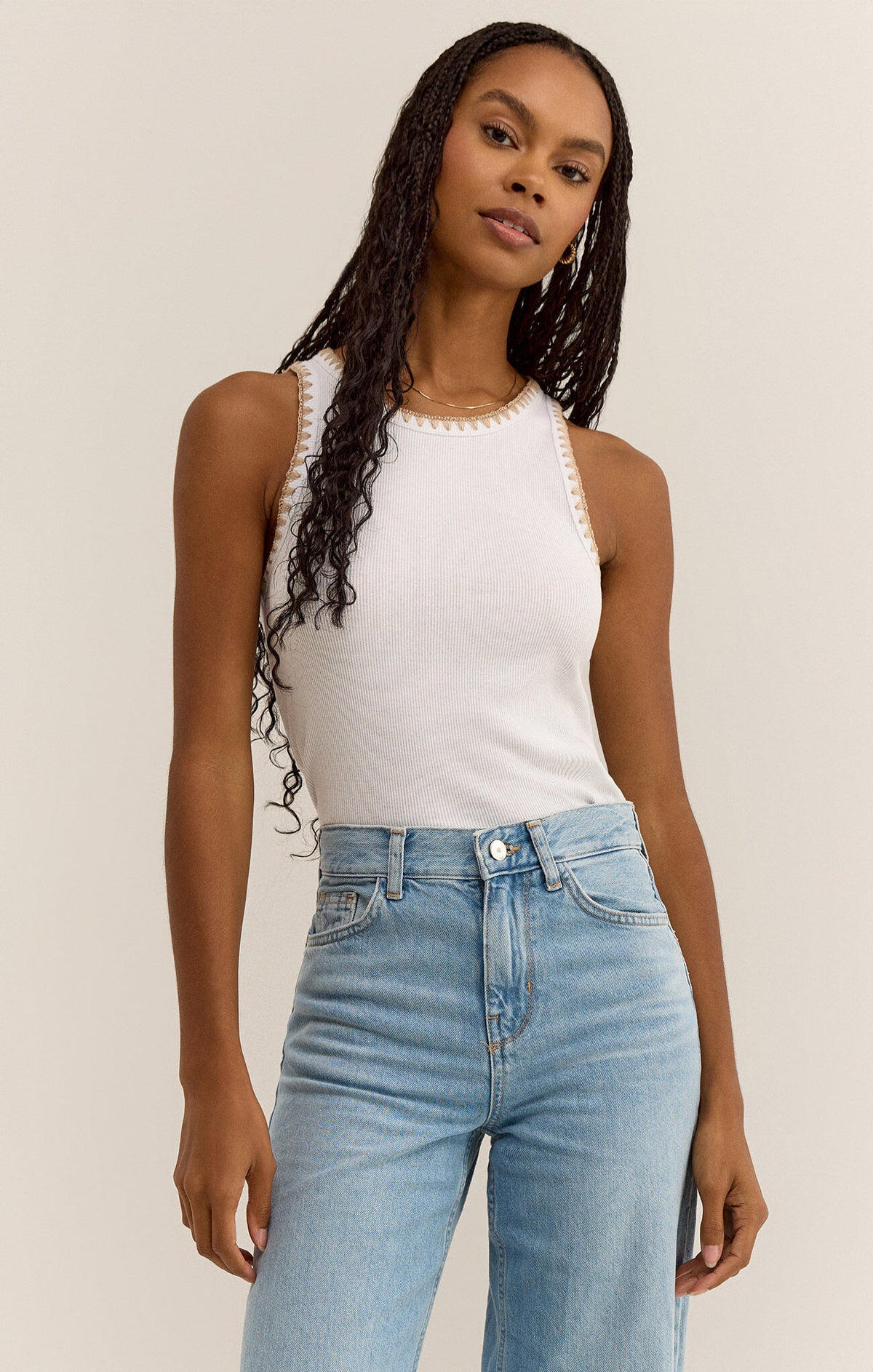 Avril Stitched Edging Ribbed Tank White