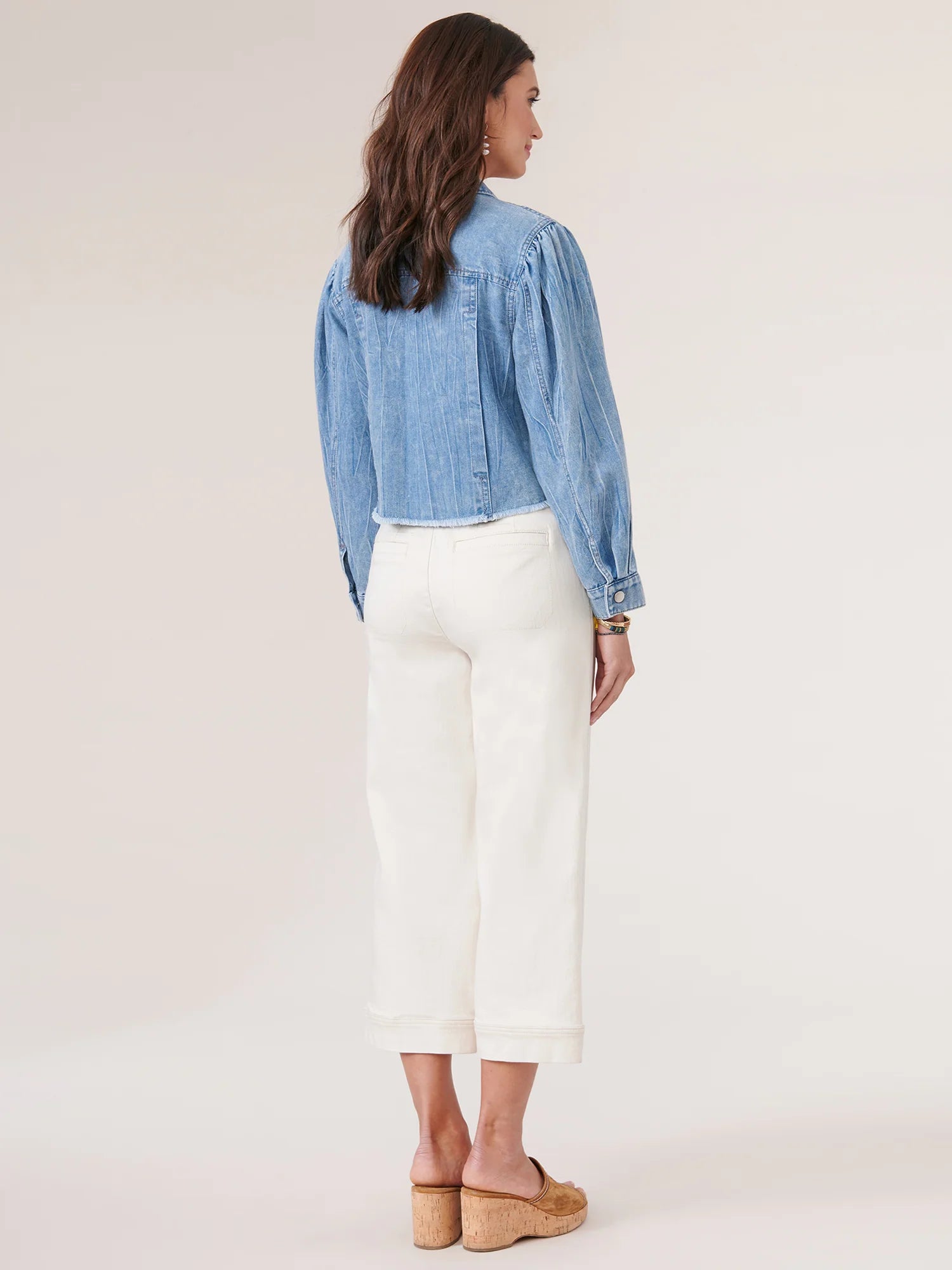 Puff Sleeve Fray Hem Denim Jacket Light Blue