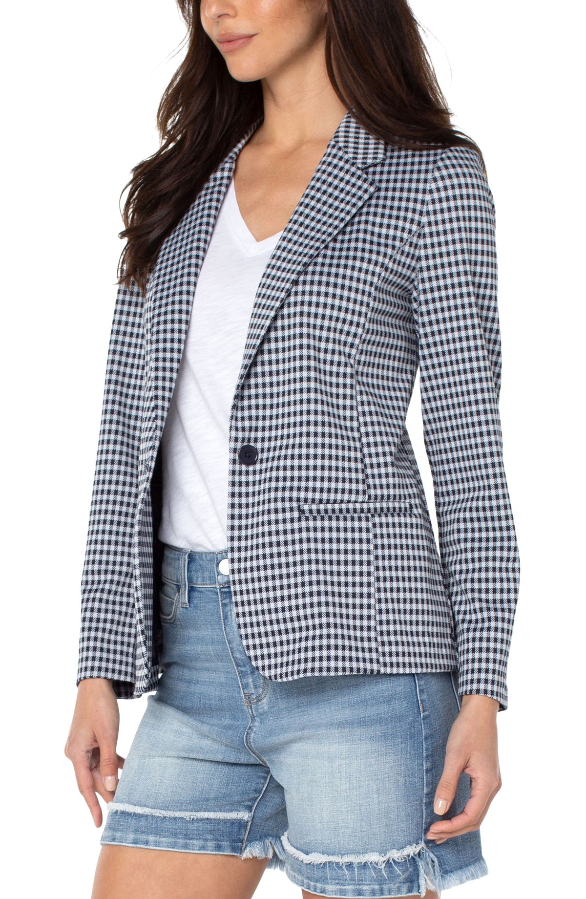 Fitted Notch Collar Printed Blazer Navy + White Gingham