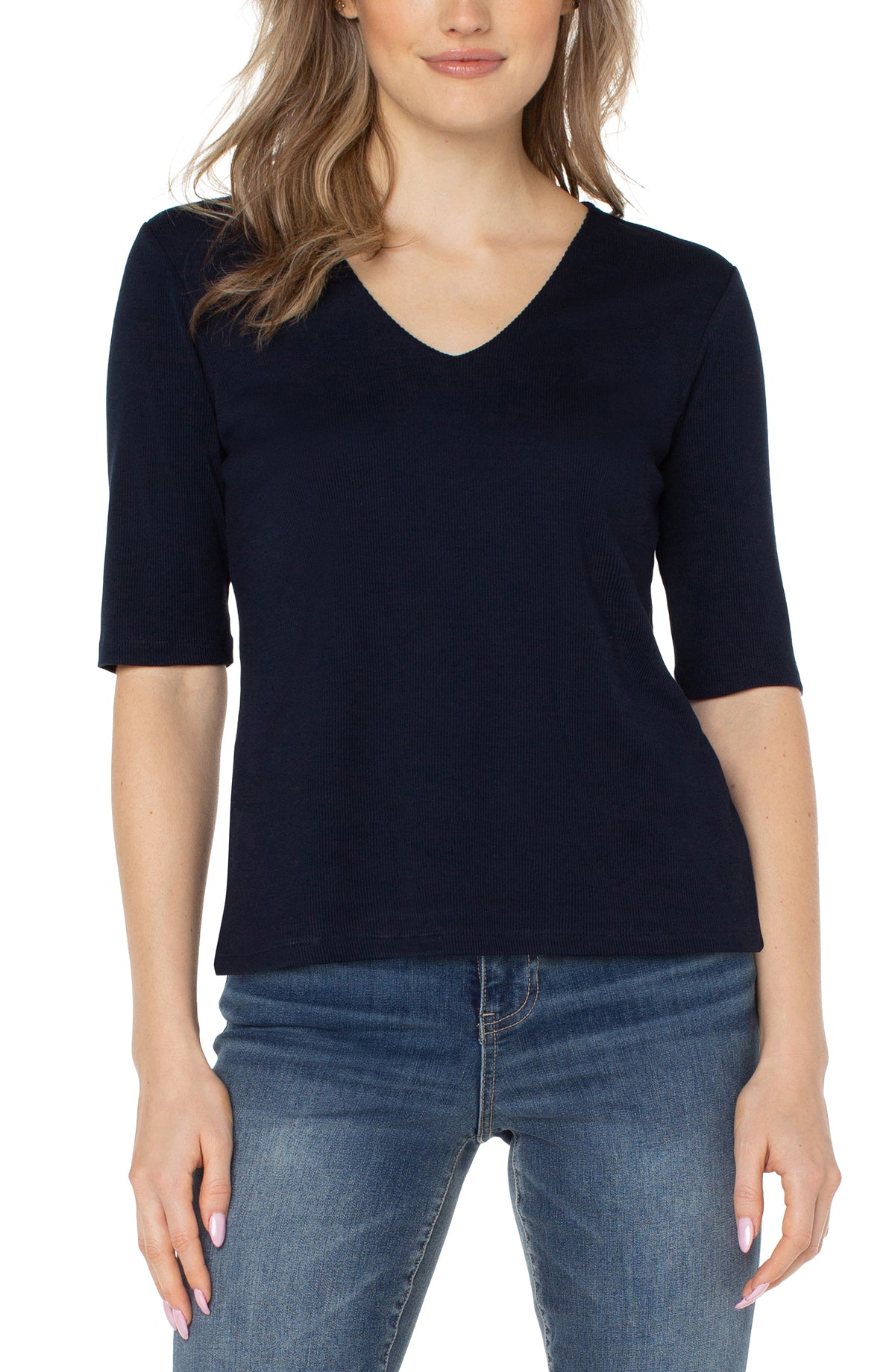Double Layer 1/2 Sleeve Rib V Neck Top Dark Navy