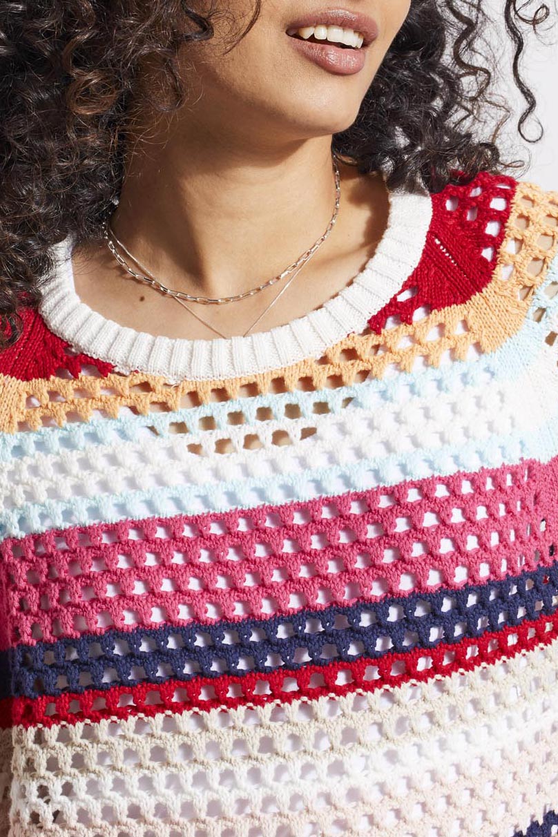 3/4 Bubble Sleeve Stripe Open Knit Sweater Poppy Red