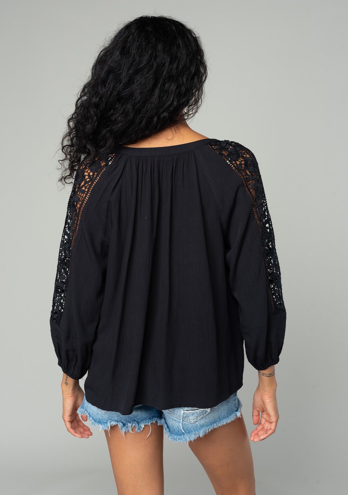 Floral Lattice Trim Split Neck Long Sleeve Blouse Black