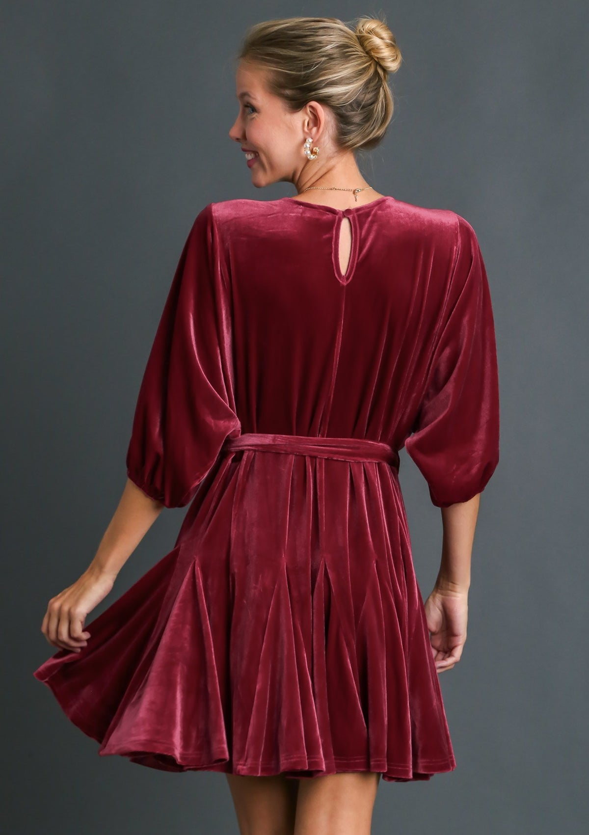 Velvet Round Neck Tie Belt Mini Dress Sangria