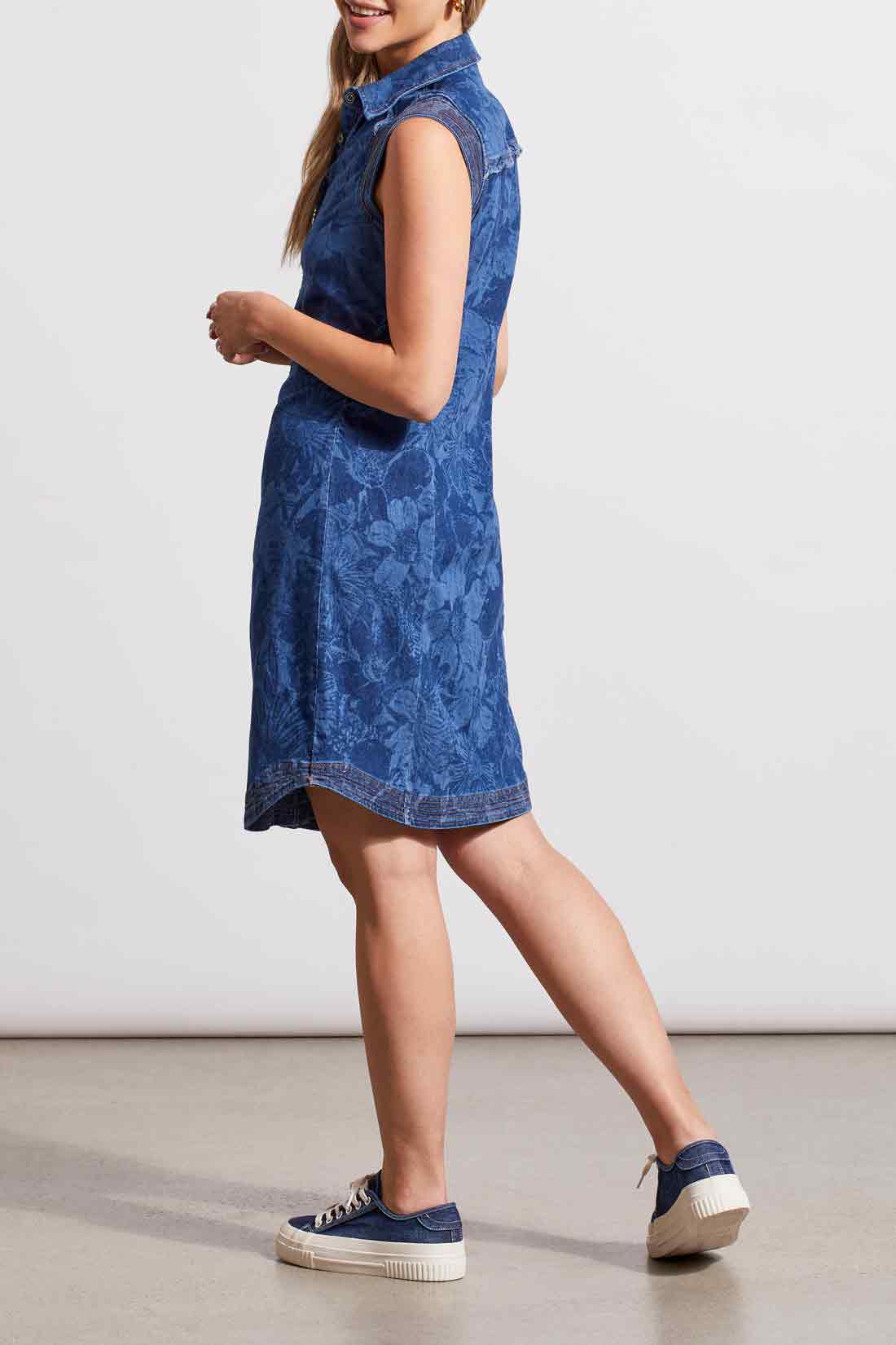 Printed Sleeveless Denim Ruched Dress Ocean Blue