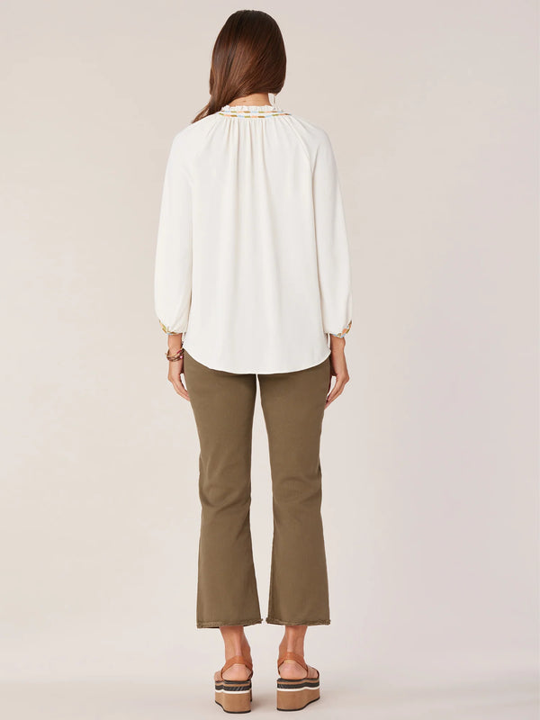 3/4 Blouson Sleeve Embroidered Trim Top Off White Multi