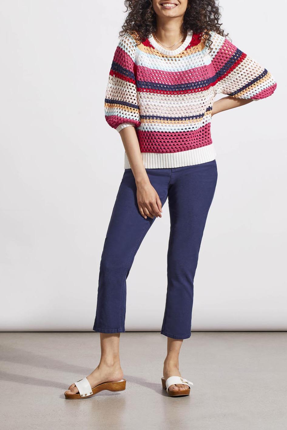 3/4 Bubble Sleeve Stripe Open Knit Sweater Poppy Red