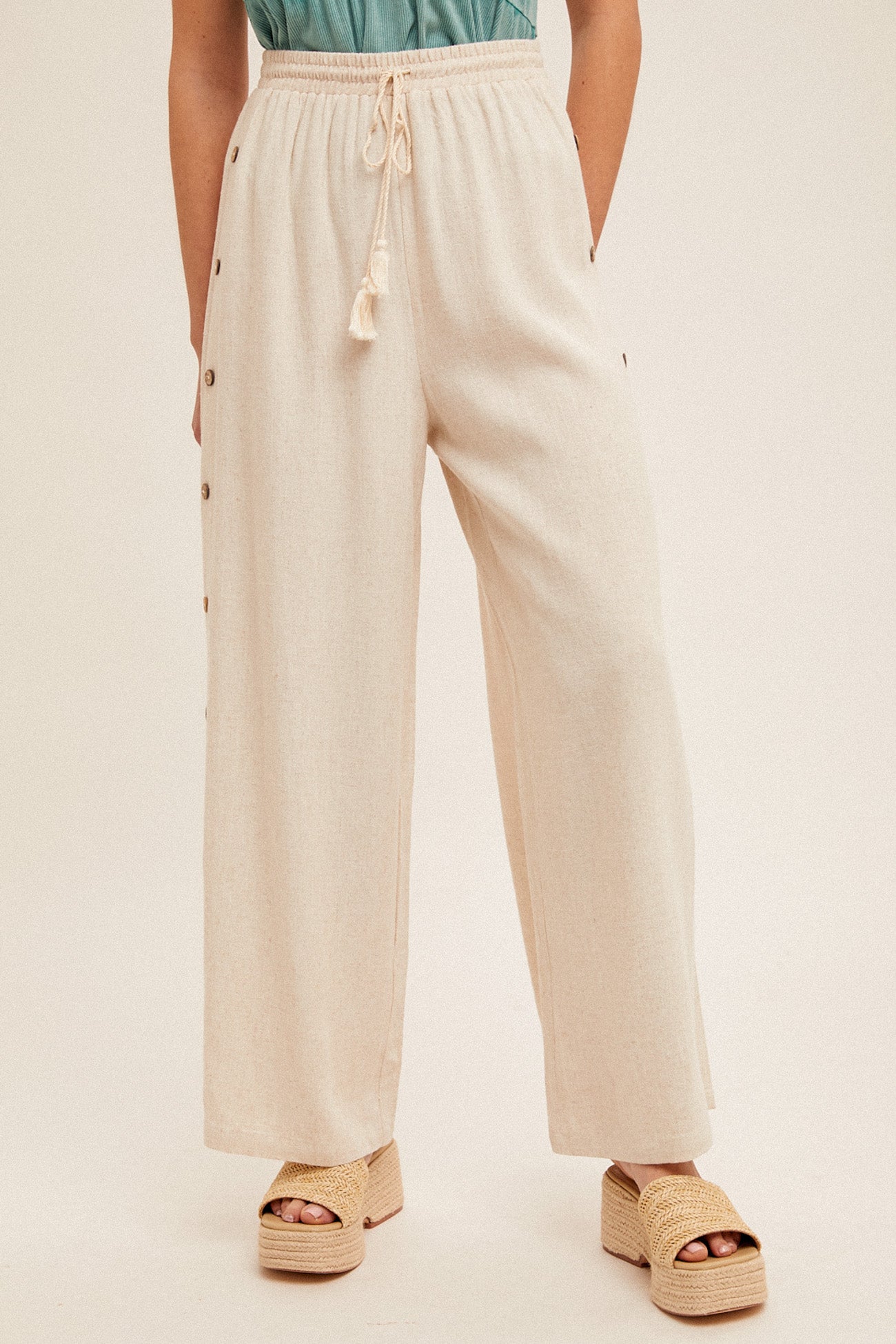Button Side Detail Wide Leg Pants Oatmeal