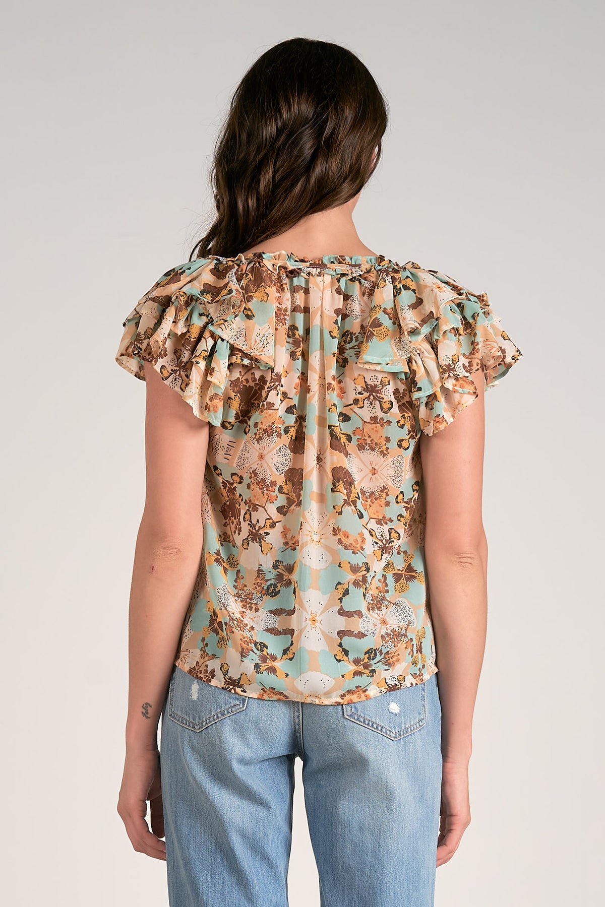 Tie Neck Double Flutter Printed Top White Blue Orchid