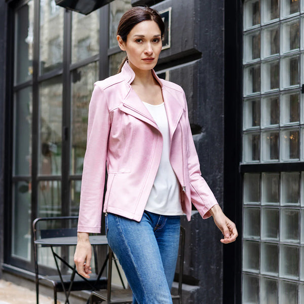 Classic Leather Knit Moto Jacket Pink