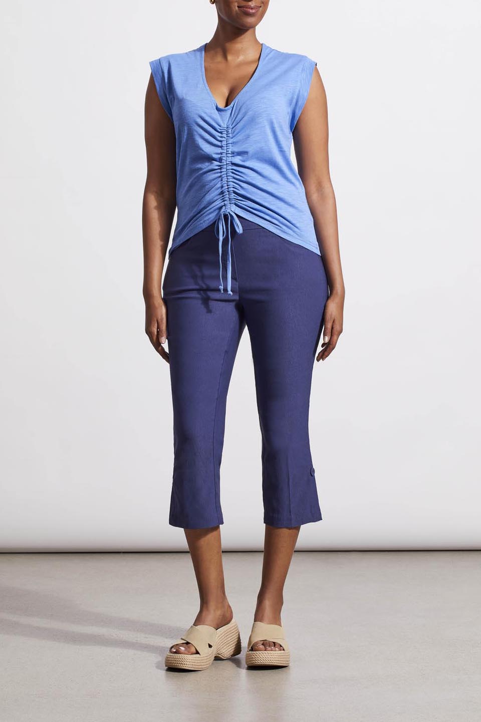 Covered Button Split Leg Flatten It Capri Jet Blue