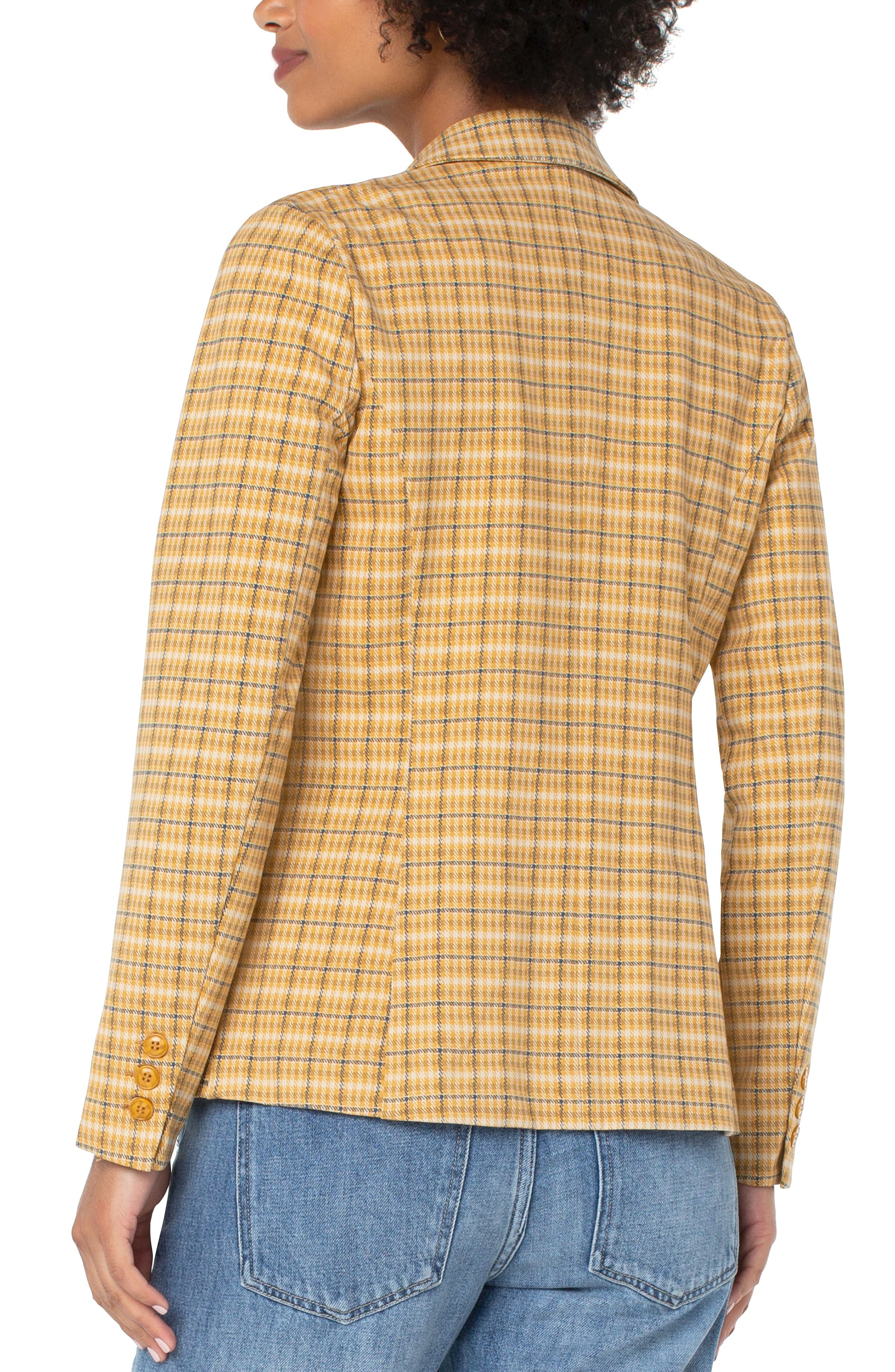Fitted Notch Collar Printed Blazer Gold + Navy Plaid