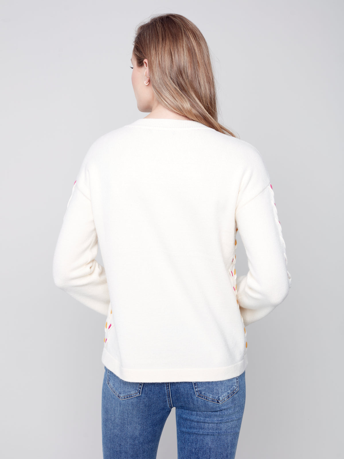 Contrast Woven Stitched Sides Sweater Ecru