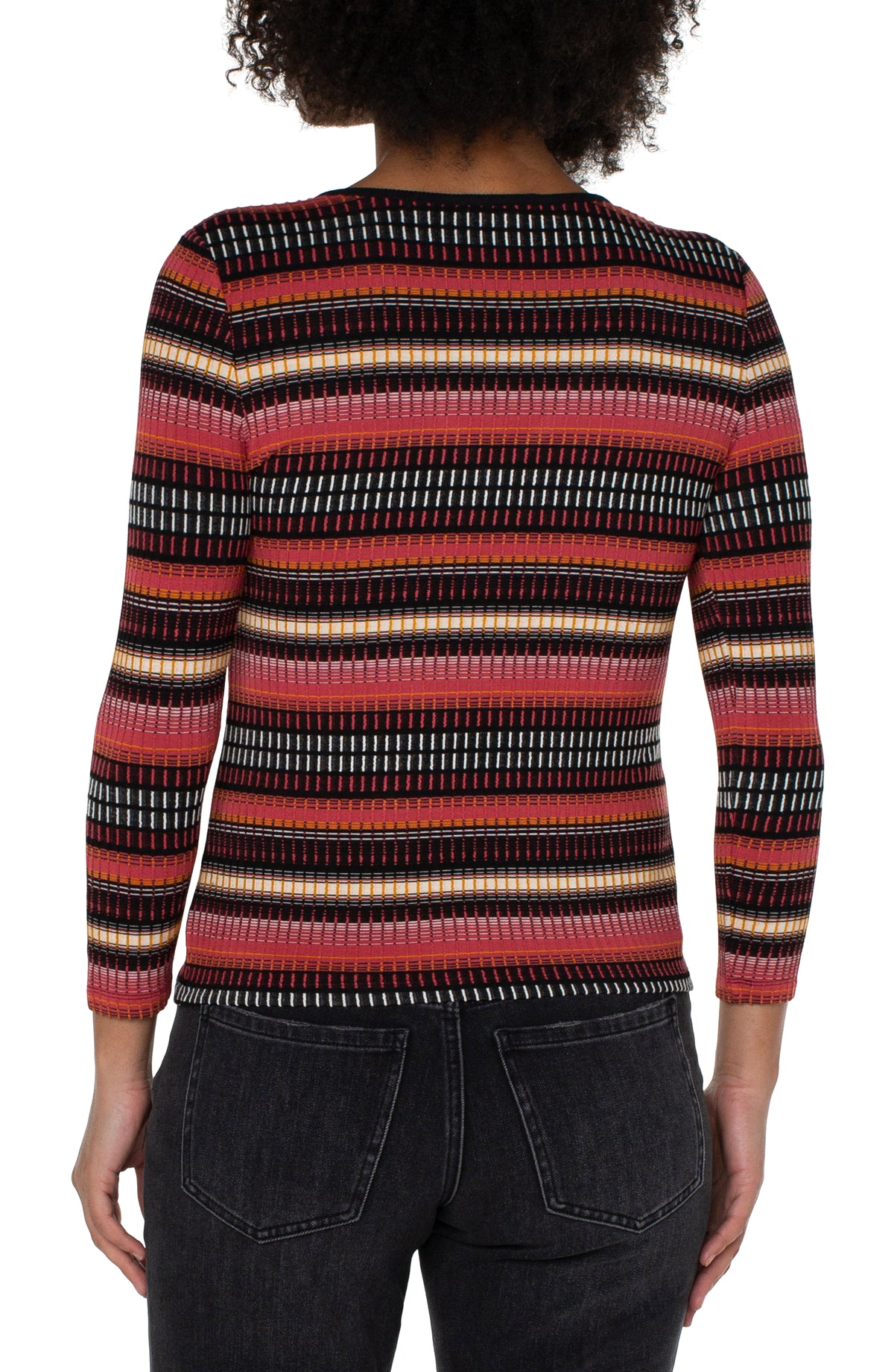 3/4 Sleeve Vneck Contrast Knit Top Multi Cranberry Stripe