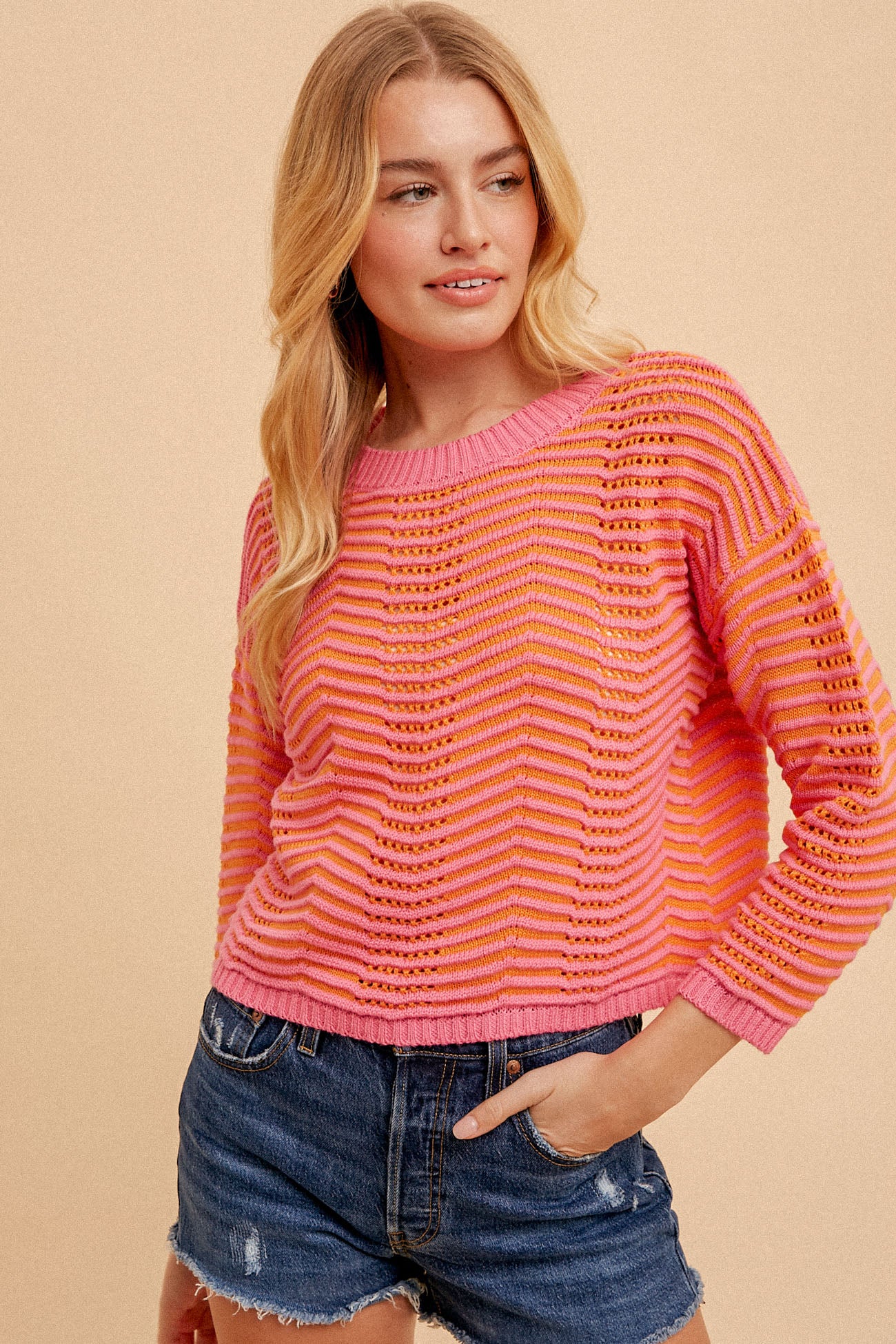 Pointelle Striped Knit Sweater Orange + Pink