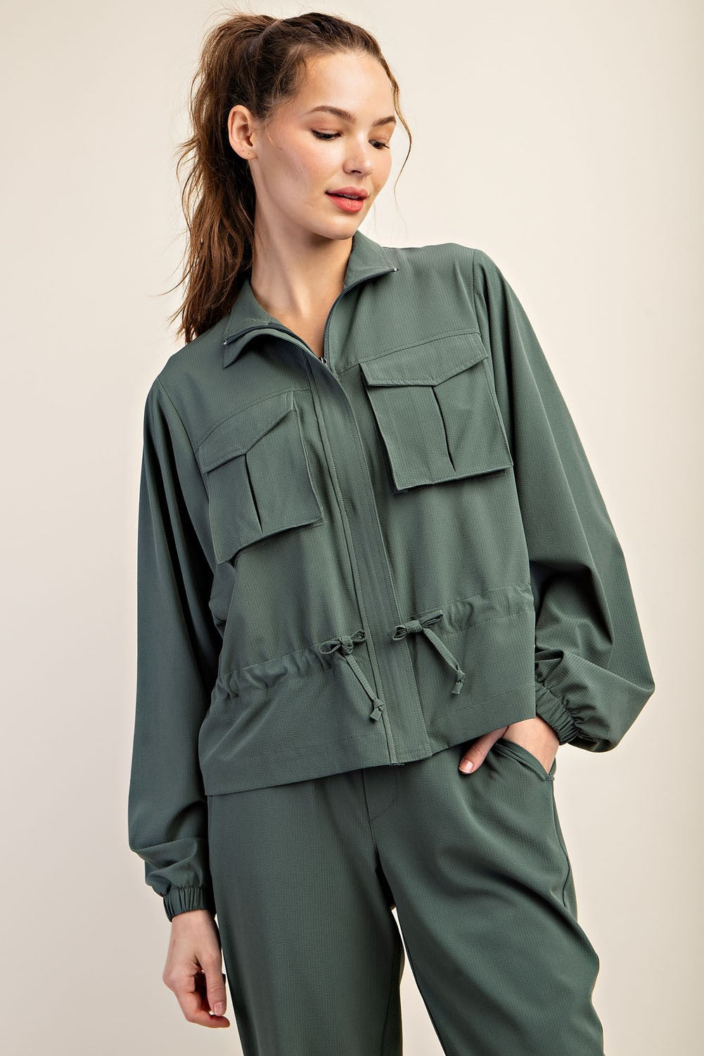 Crinkle Woven Oversize Flap Pocket Jacket Sage Leaf